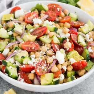 white bowl with chickpea avocado salad