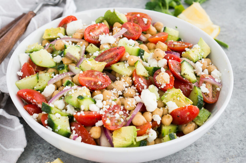 recipe for chickpea salad served in a bowl