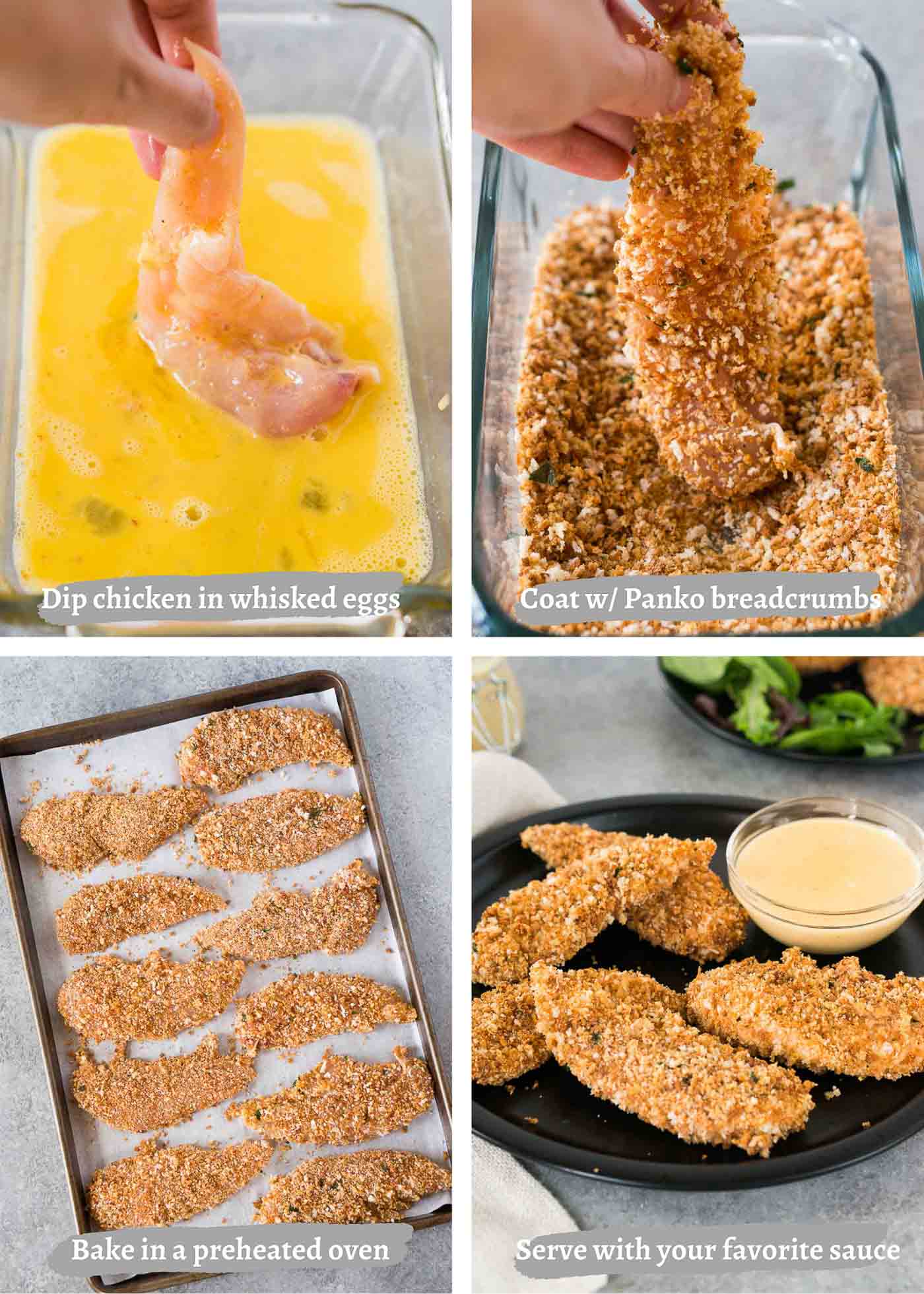 process shots of making chicken tenders in the oven