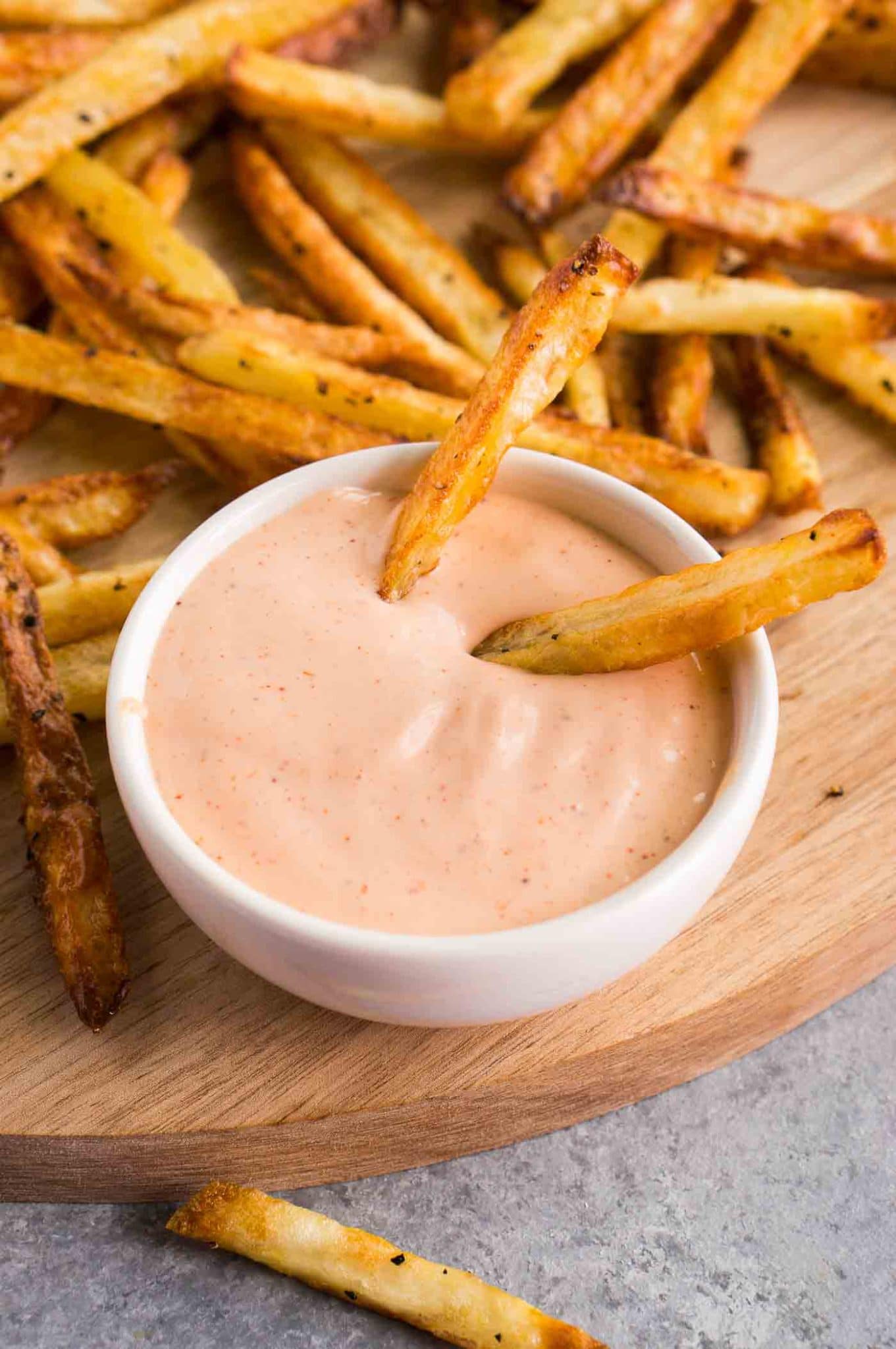 french fries dipped in fry dip