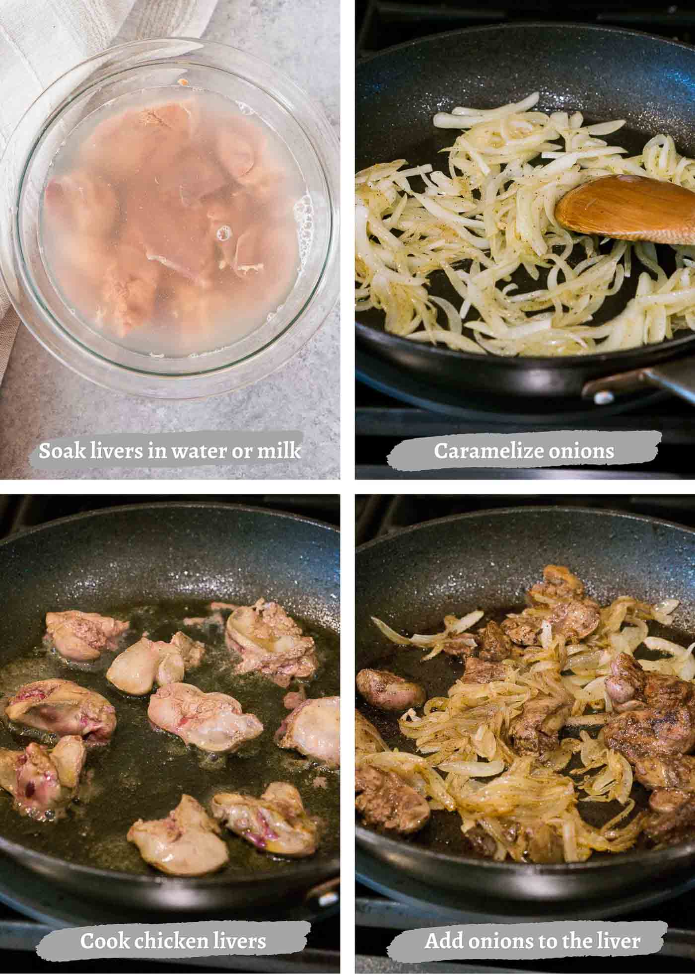 making chicken livers and caramelized onions - process images
