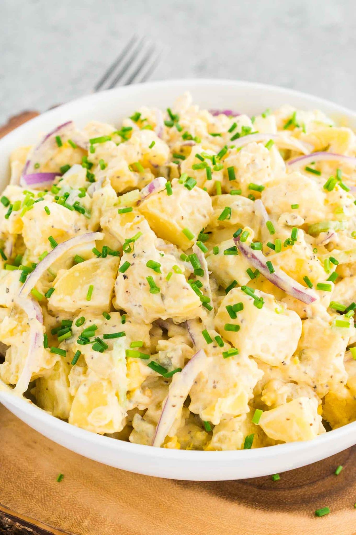 easy potato salad with mayo and mustard in a bowl for 4th of July celebration