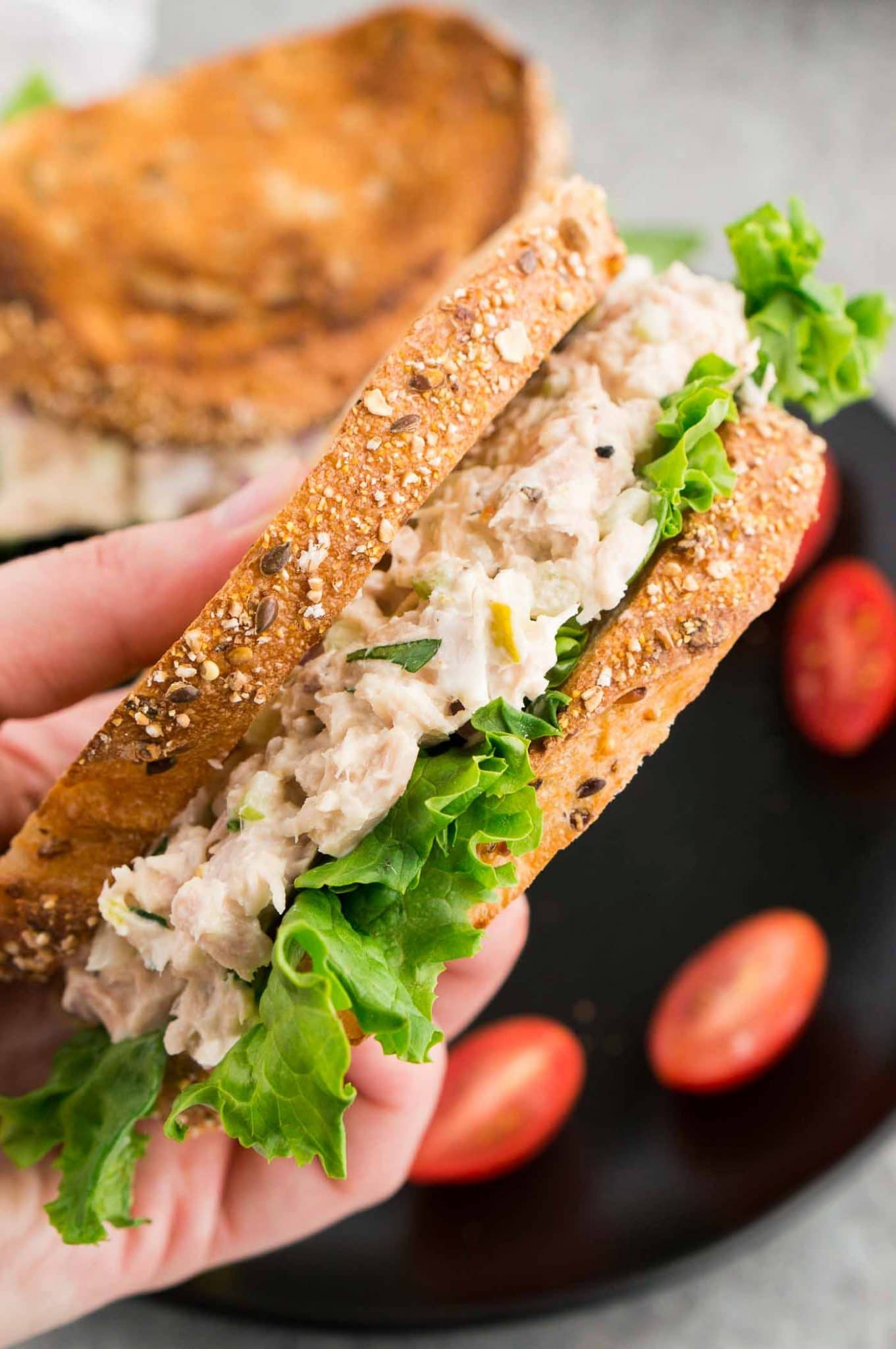 close up of holding tuna fish sandwich