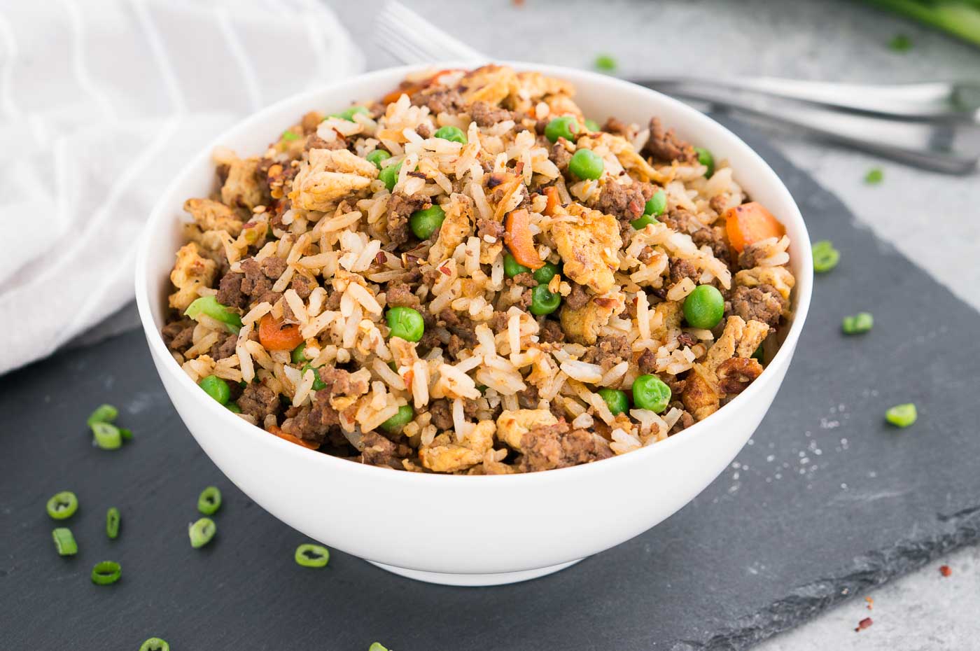 fried rice with beef in a bowl