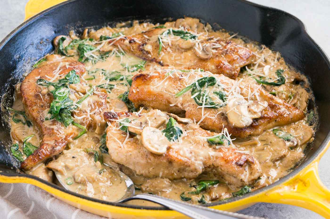 close up of chicken and mushrooms in a skillet