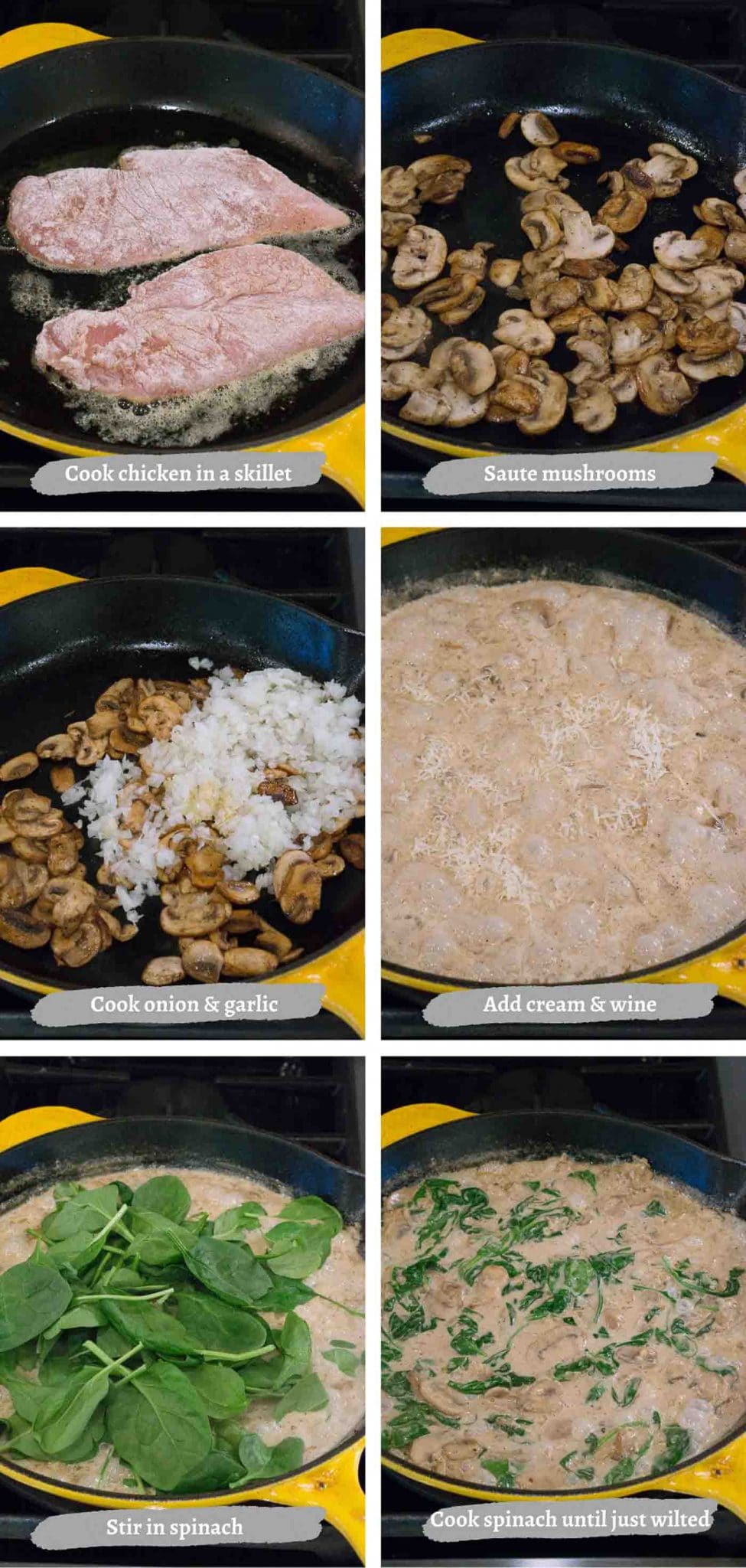 process images of making chicken in creamy mushroom sauce with spinach
