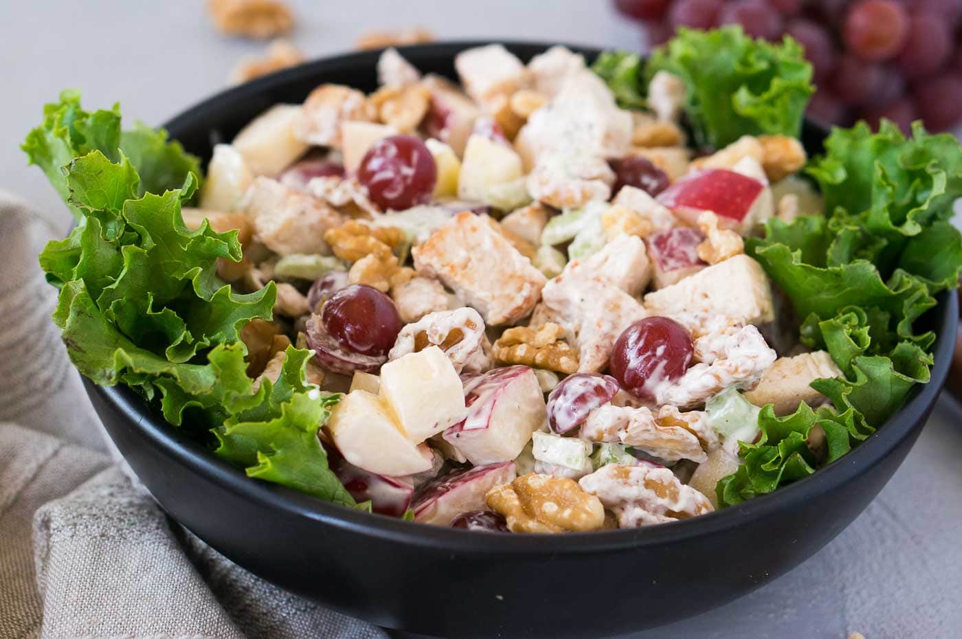 close up image of waldorf salad with chicken