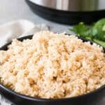 instant pot brown rice in a black bowl