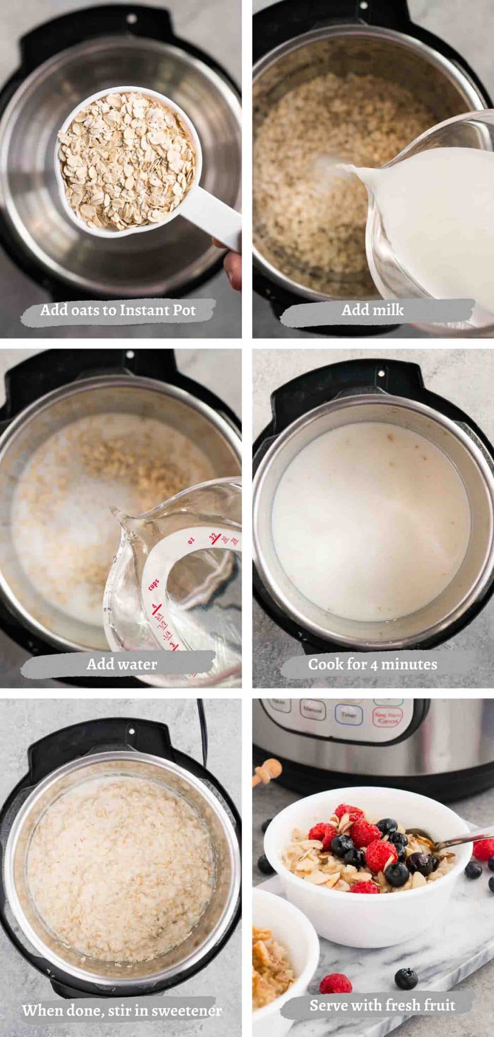 process images of making oatmeal in instant pot