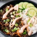 close up image of Asian beef and rice bowl