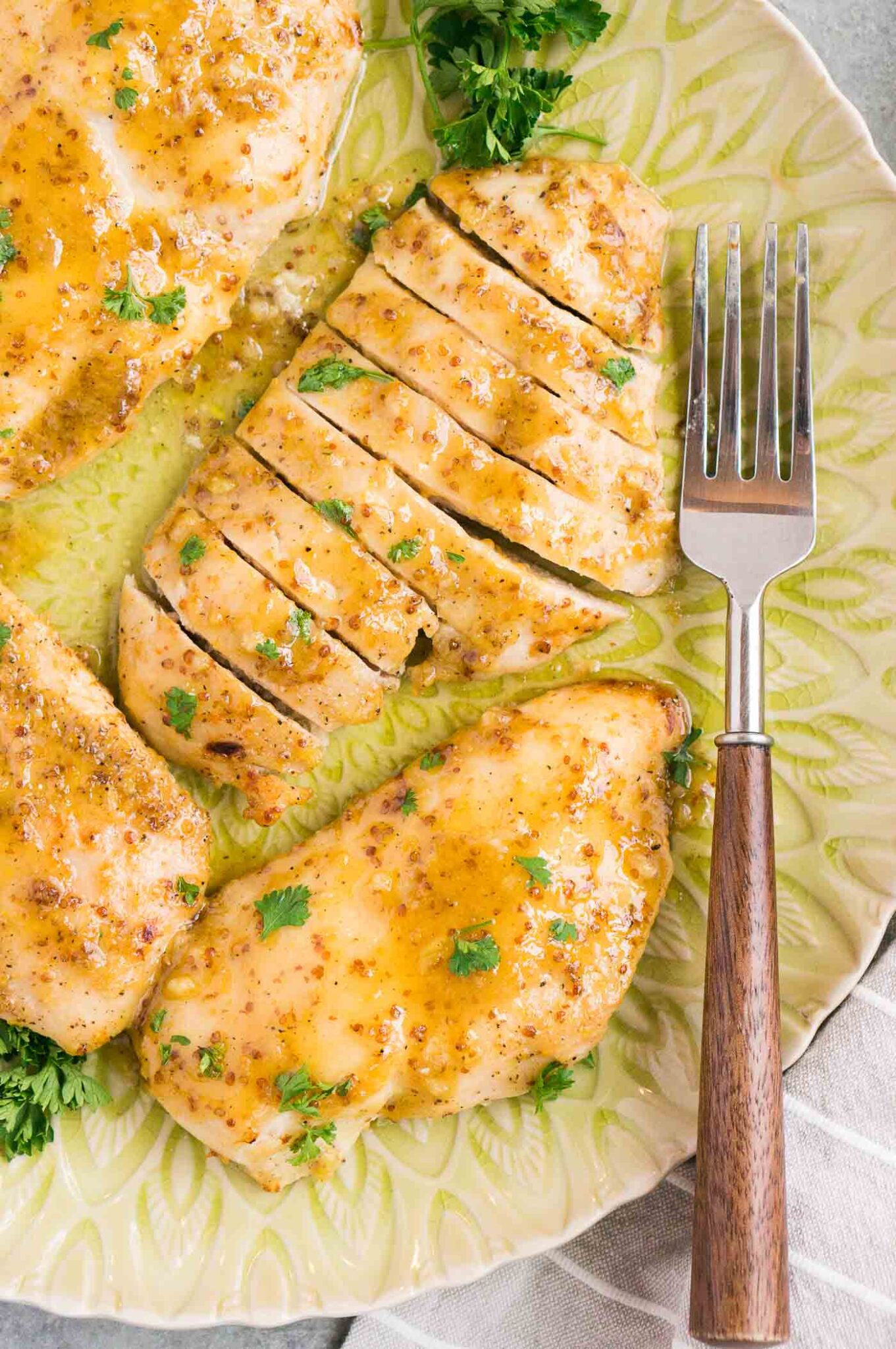 honey mustard chicken recipe on a plate with a fork