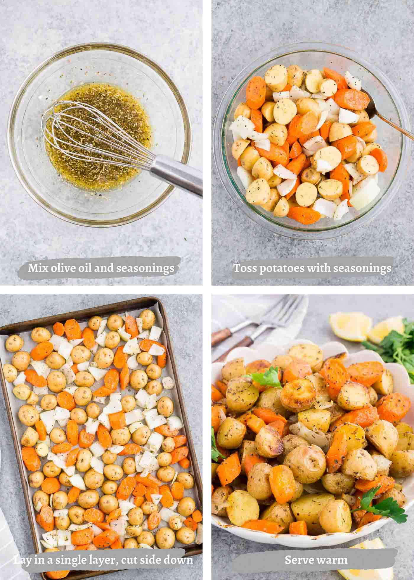 process images of roasting potatoes and carrots