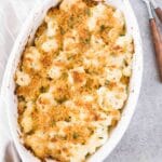easy cauliflower au gratin for thanksgiving in an oval dish