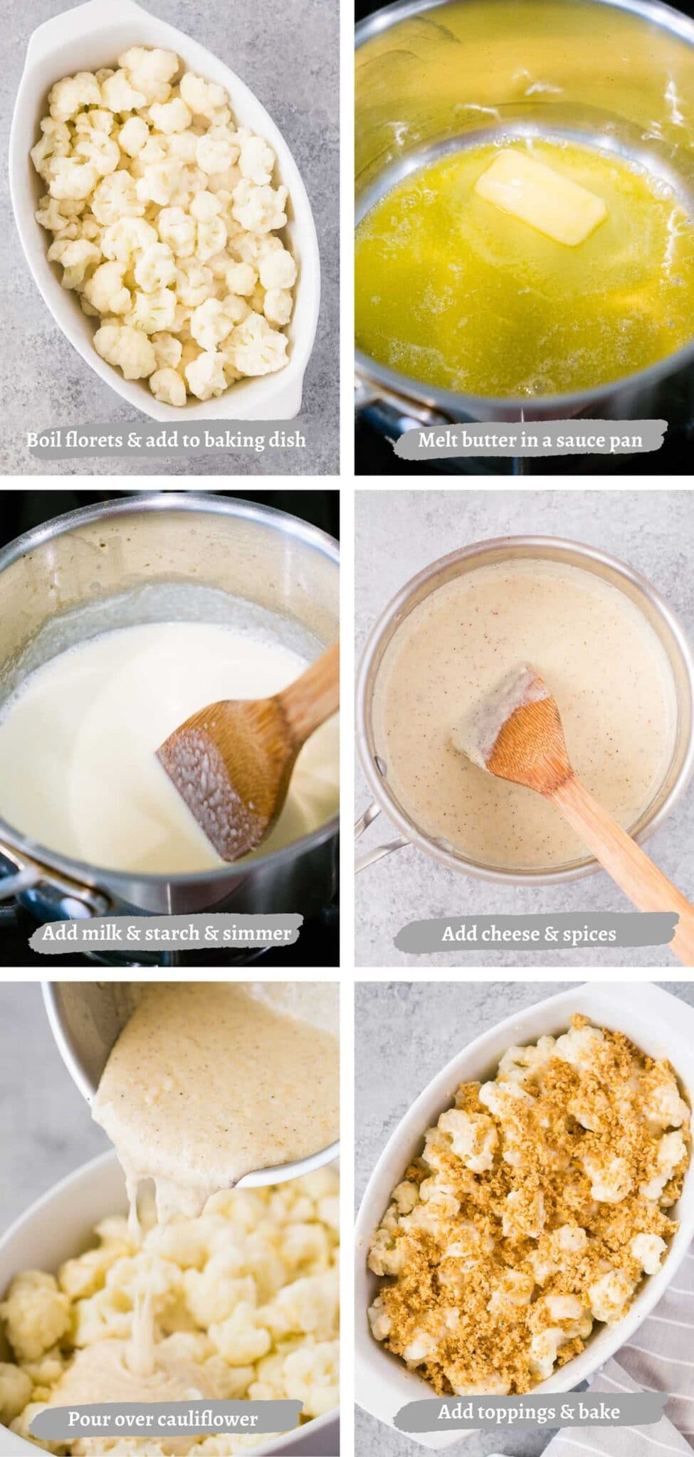 process images of making cauliflower au gratin