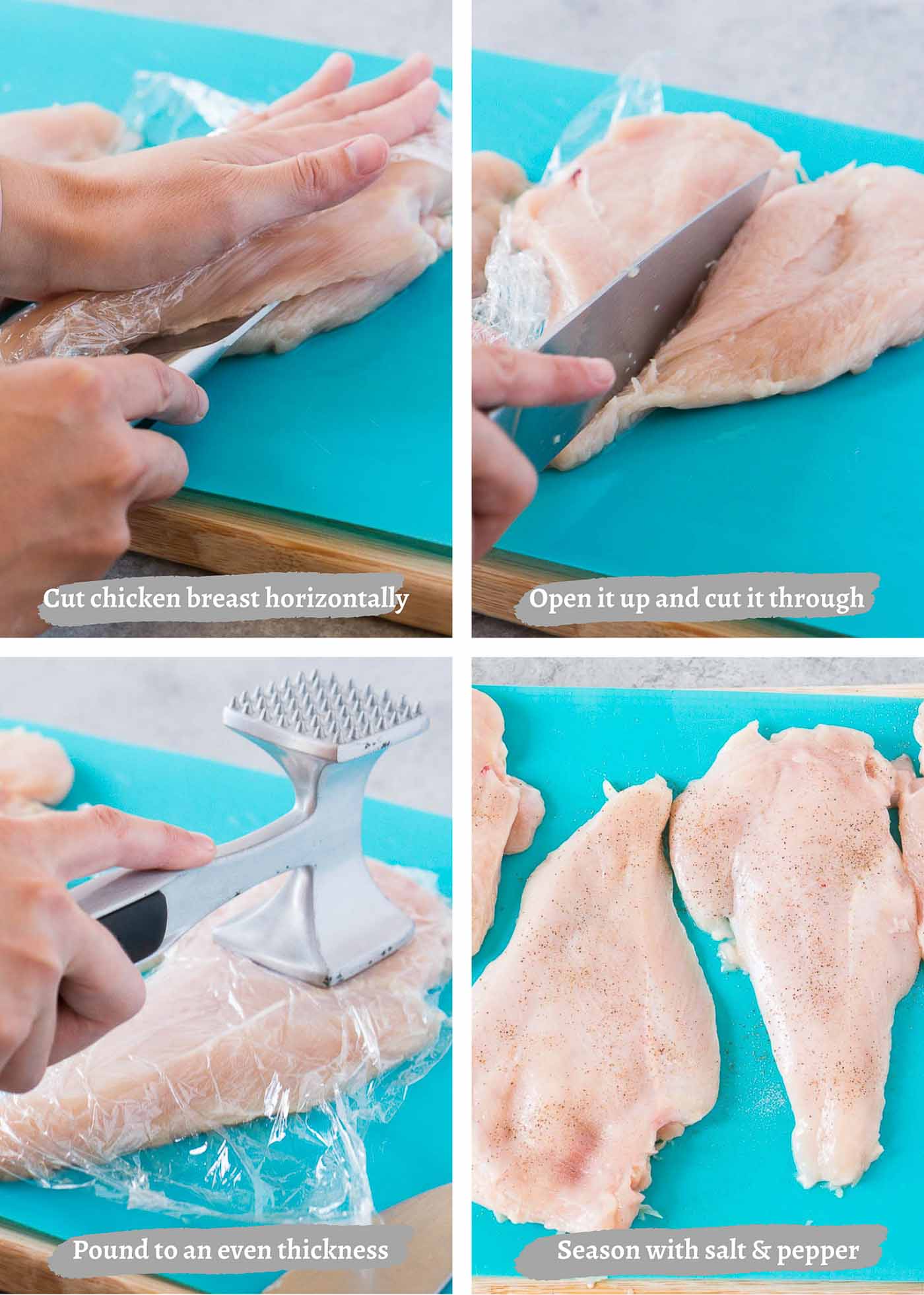 process images of cutting chicken breasts in half