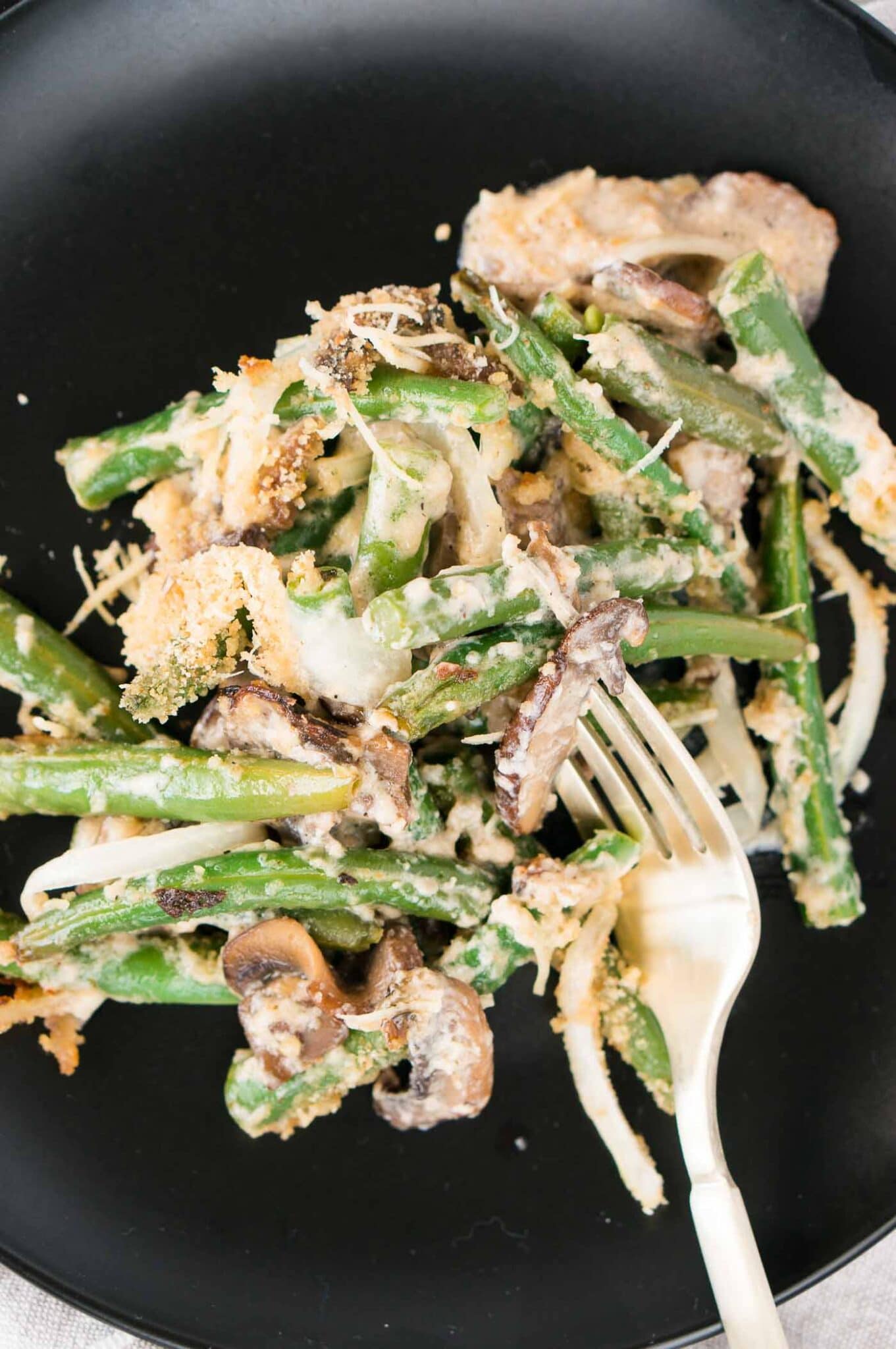close up image of thanksgiving green bean casserole on a plate
