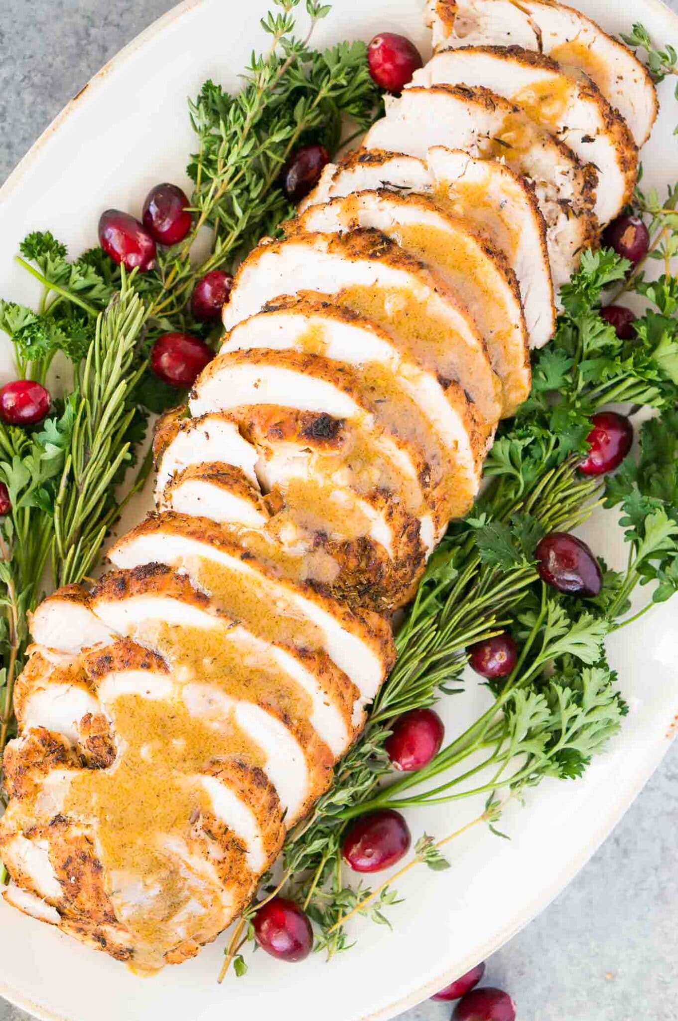 close up image of sliced thanksgiving turkey breast