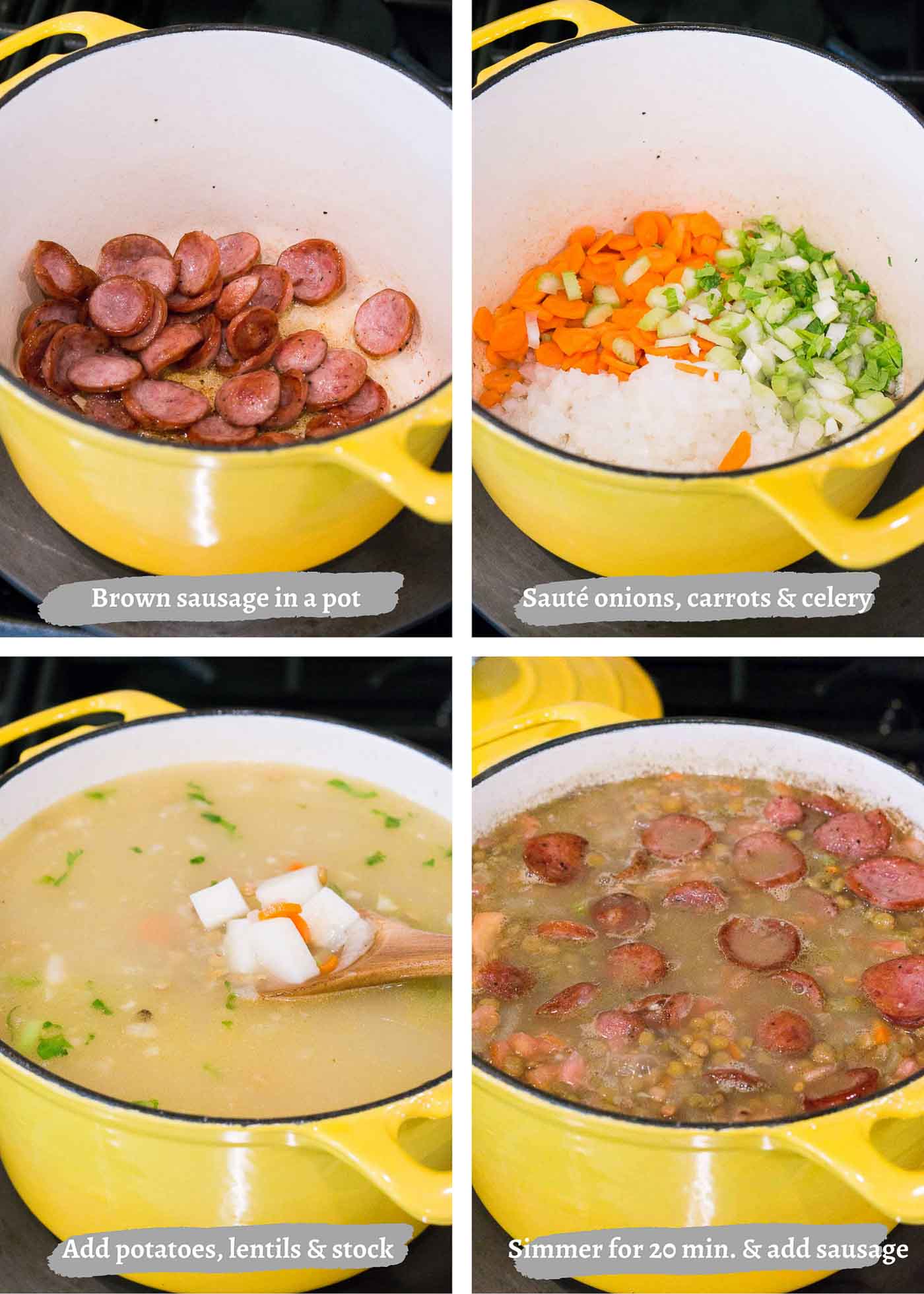 process images of making lentil and potato soup with sausage