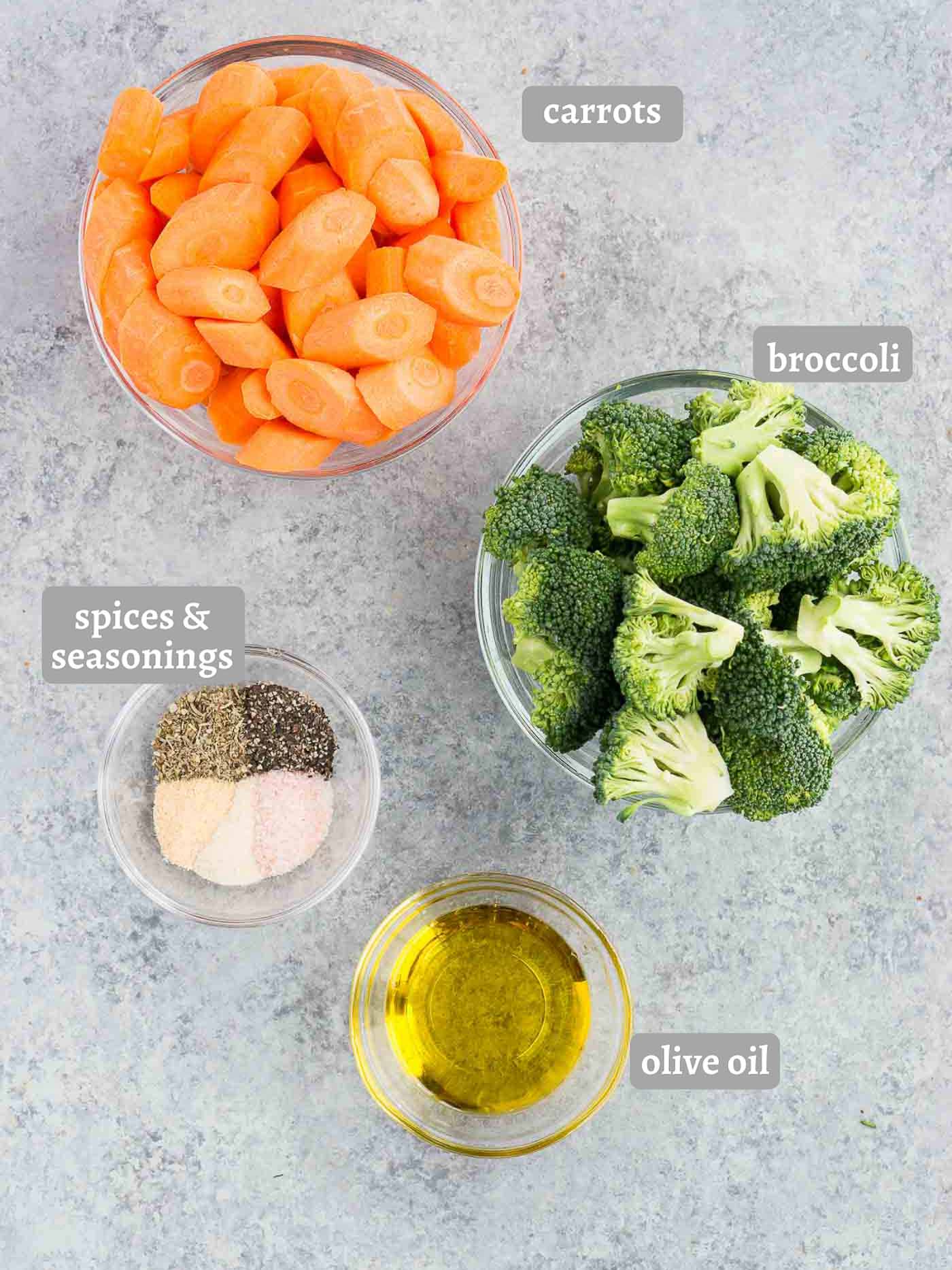 ingredients for roasted broccoli and carrots