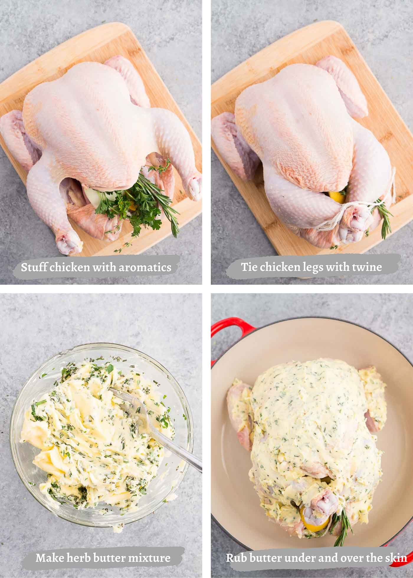 process images of making whole roasted chicken in the oven