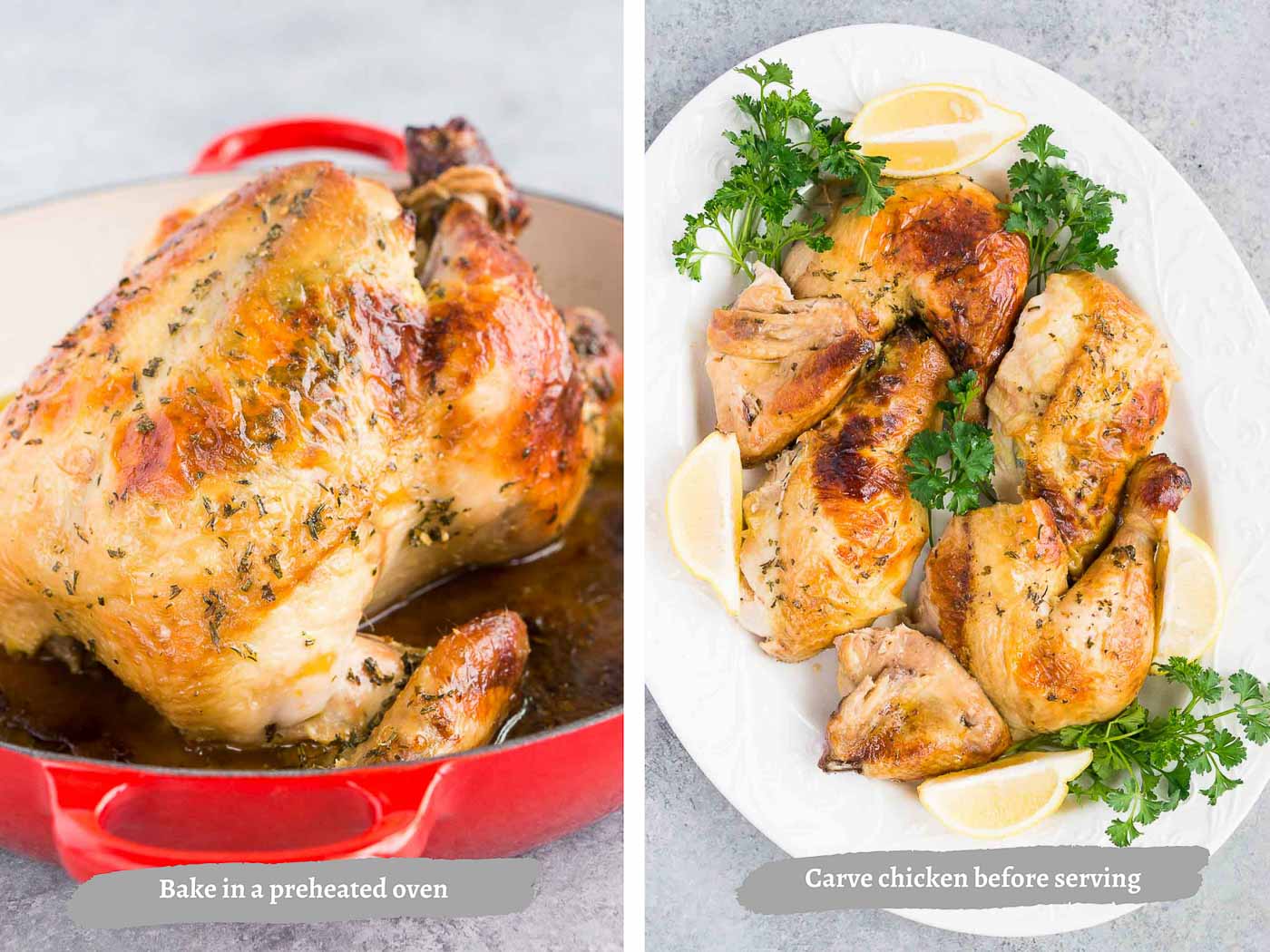 process images of making whole roasted chicken in the oven