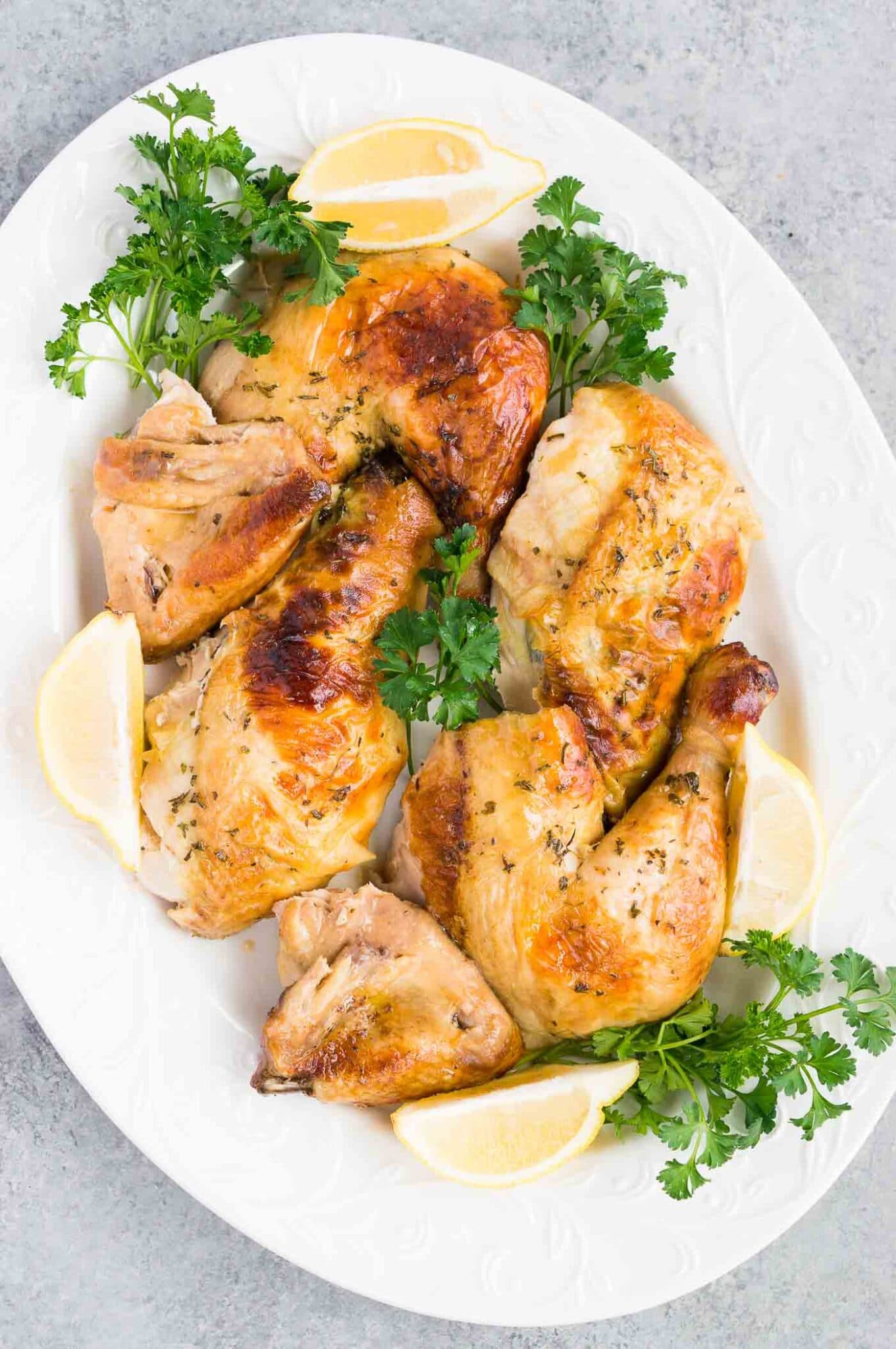 juicy and tender roasted chicken on a platter