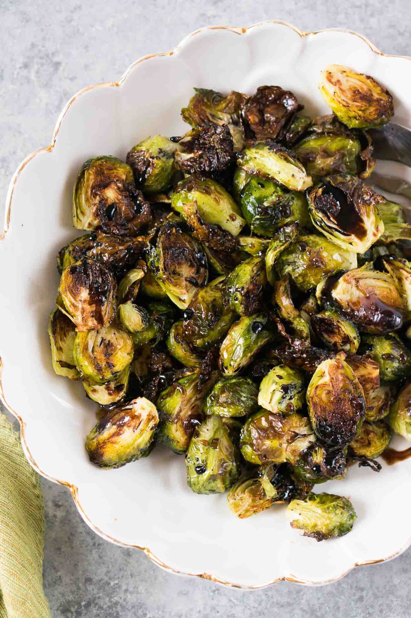 balsamic Brussel sprouts in a white bowl
