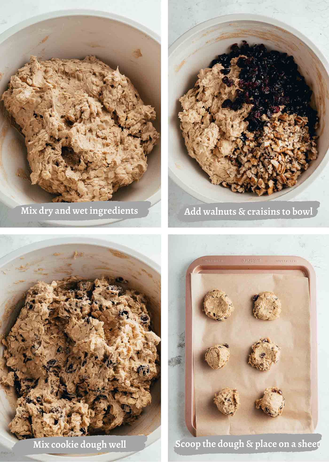 process images of making cranberry oatmeal walnut cookies