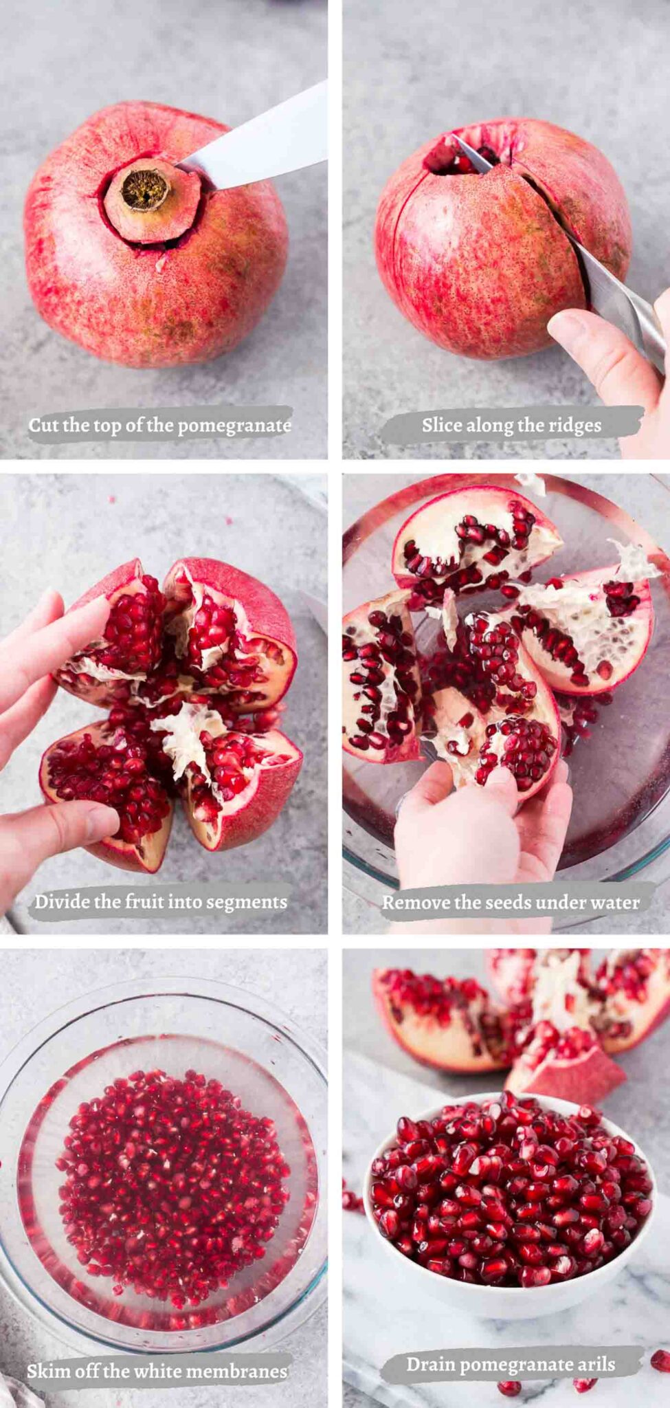 process images of cutting and deseeding a pomegranate
