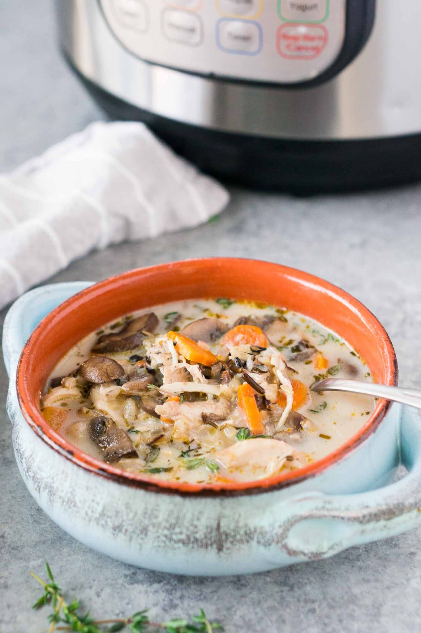 instant pot chicken mushroom rice soup in a bowl