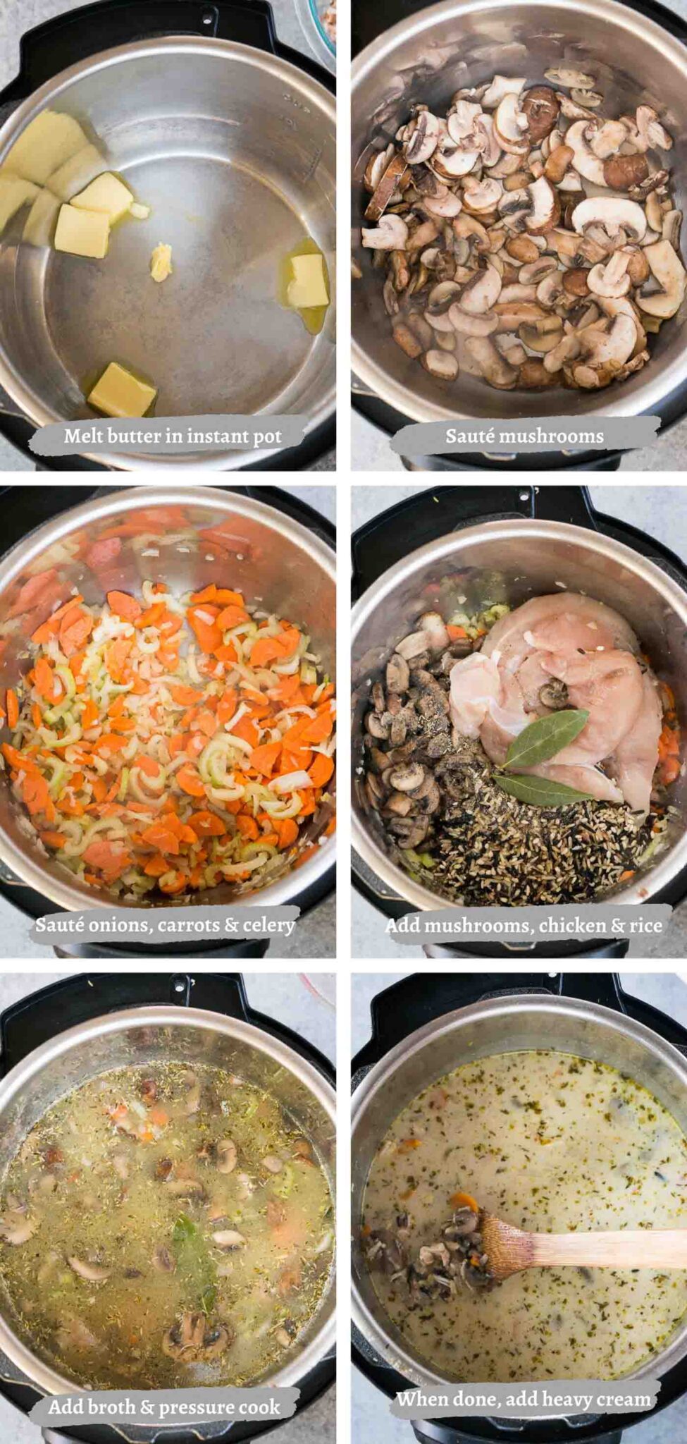 process images of making chicken rice soup in the instant pot