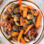 roasted Brussels spouts and carrots in a bowl