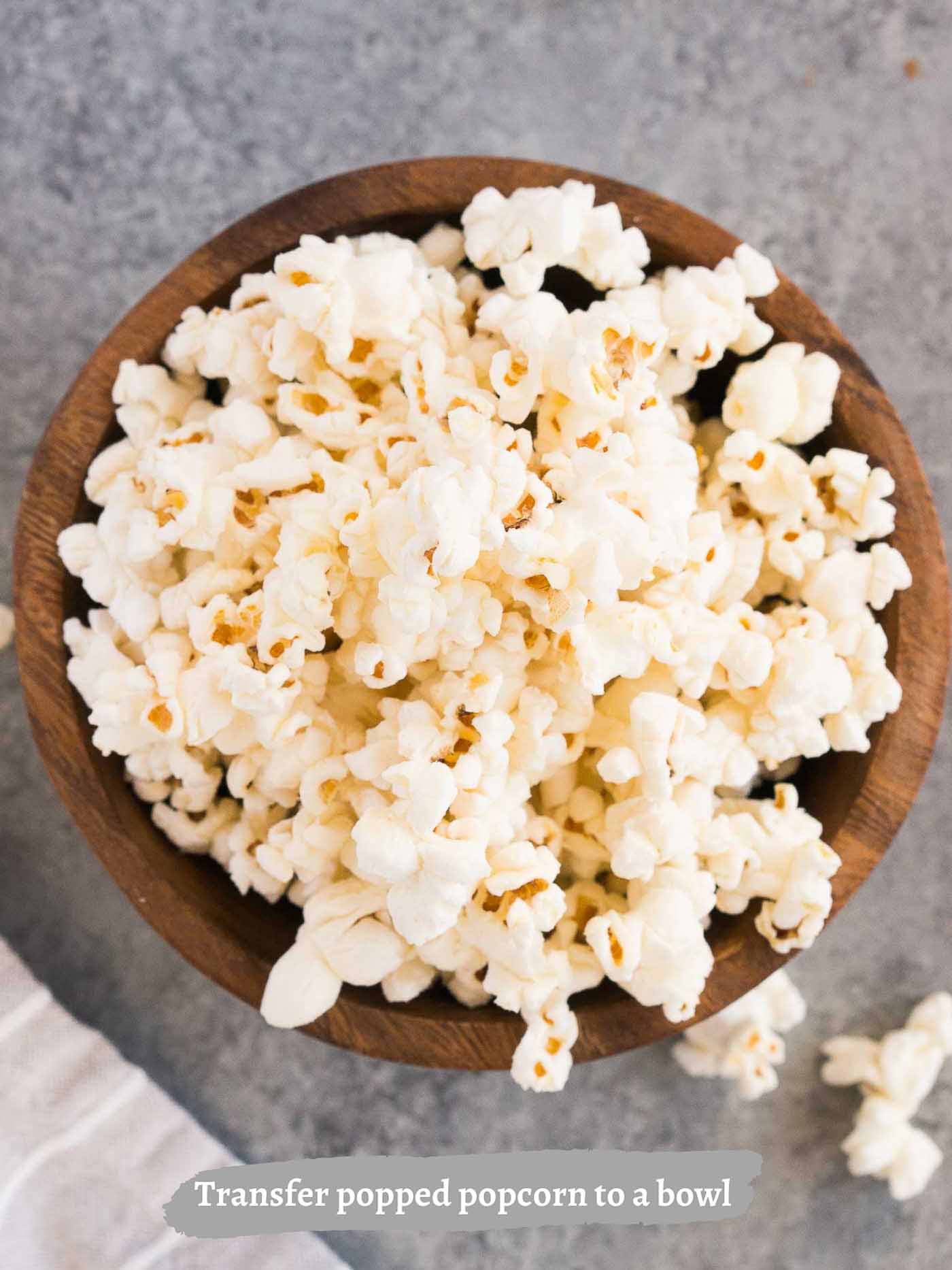 homemade popcorn in a wooden bowl