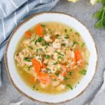 close up image of turkey and rice soup