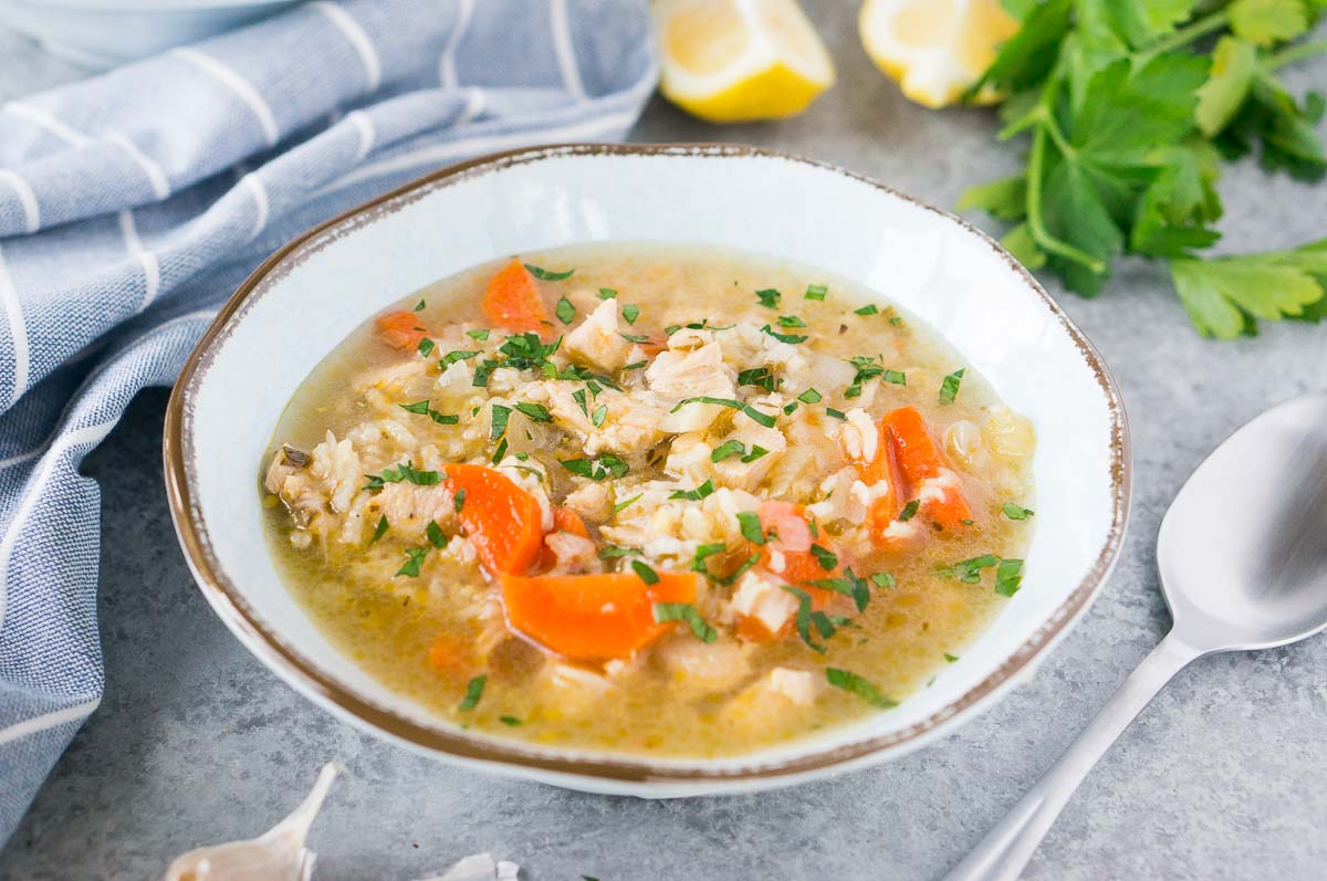 homemade turkey soup with rice in a bowl