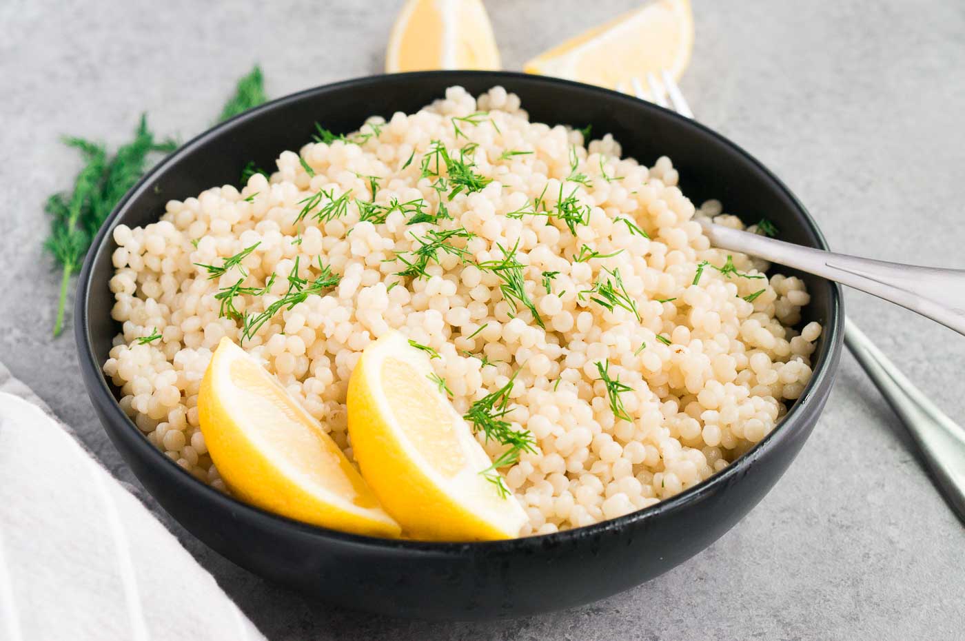 close up image of pearl couscous in a bowl
