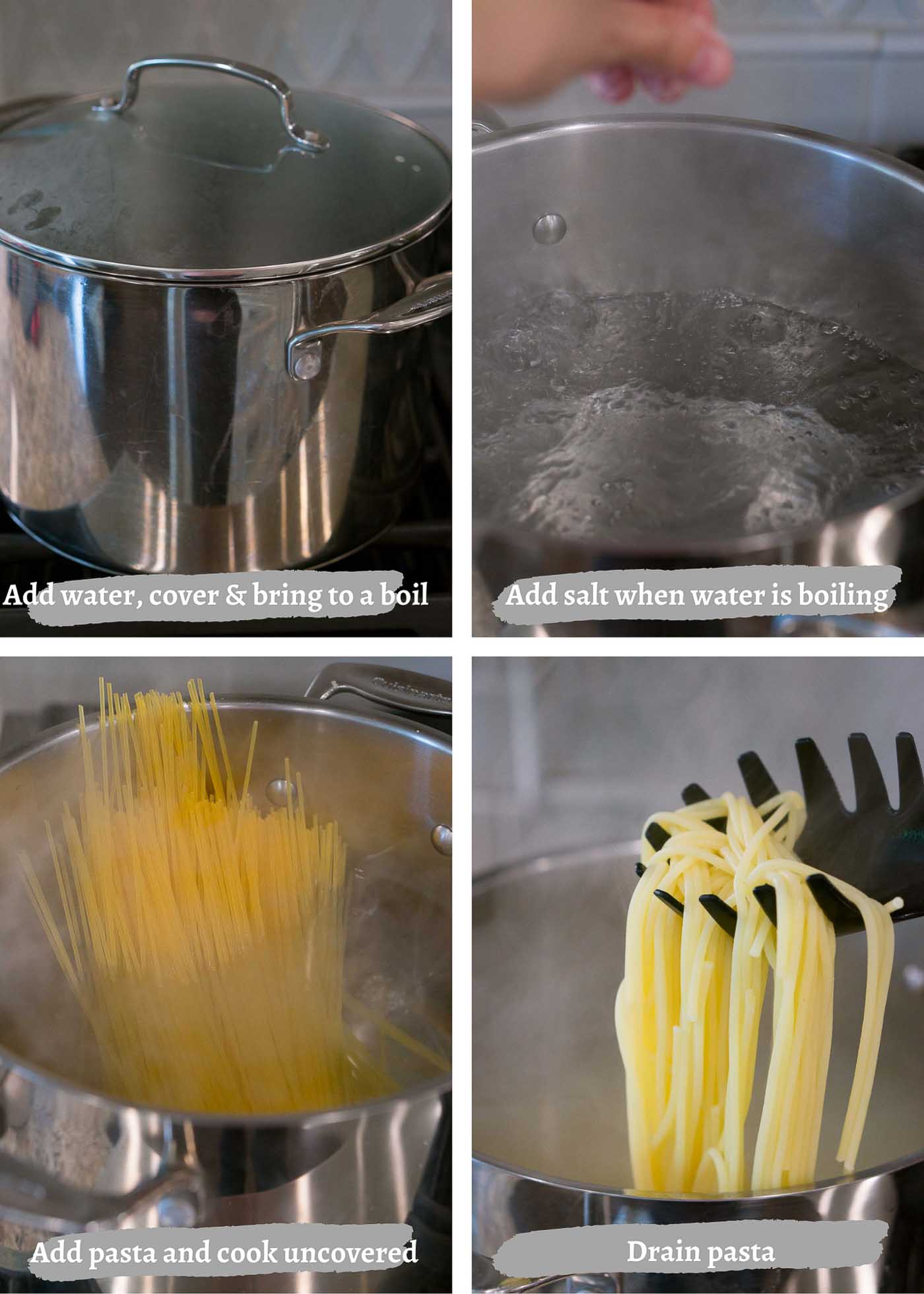 process images of cooking spaghetti on the stove top