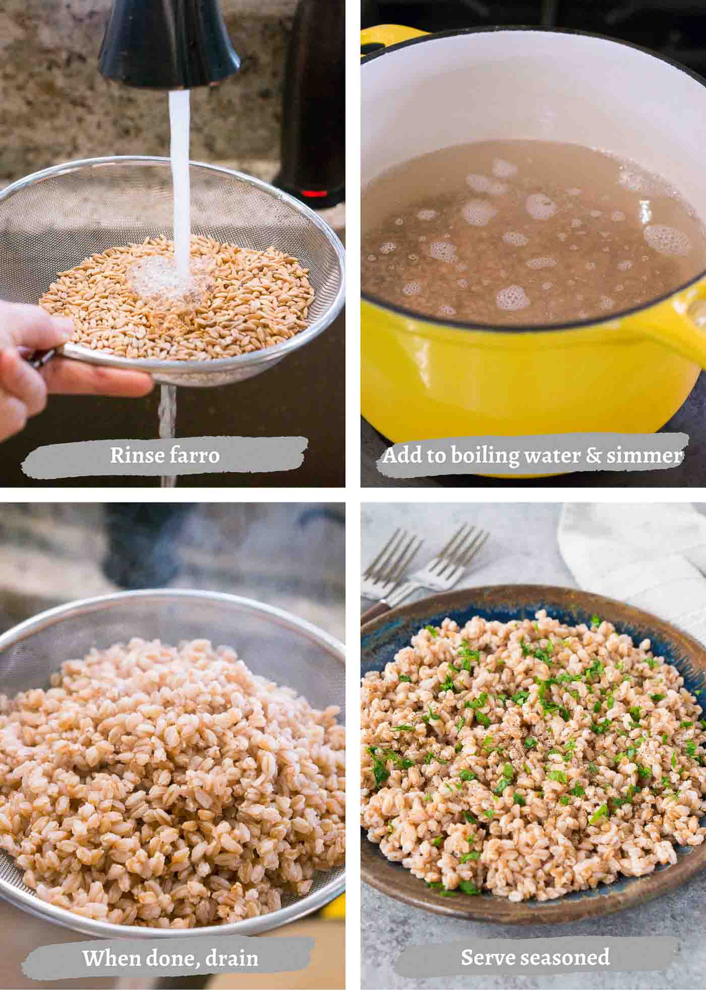 process images of cooking farro on the stove