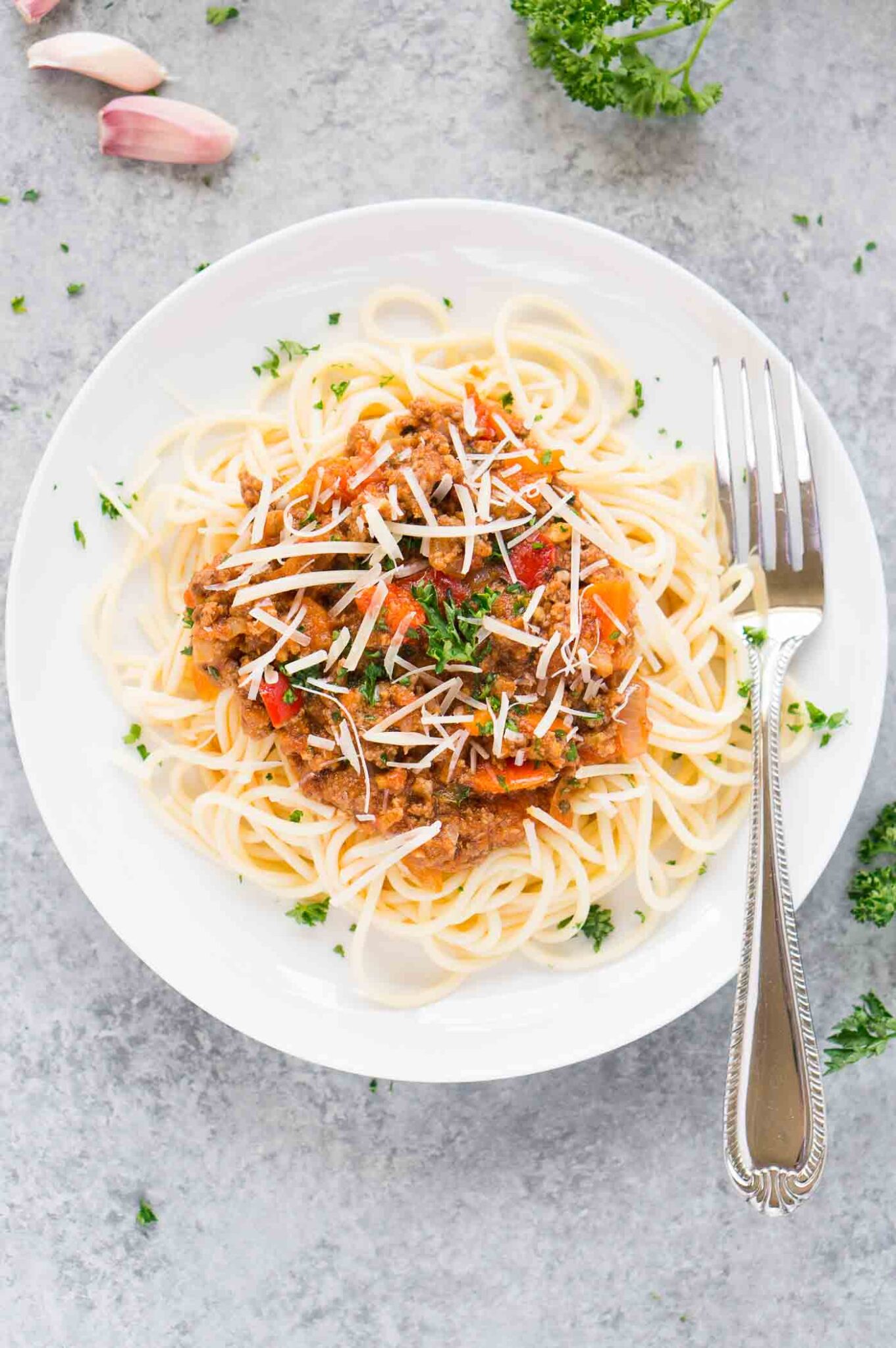 homemade meat sauce over pasta