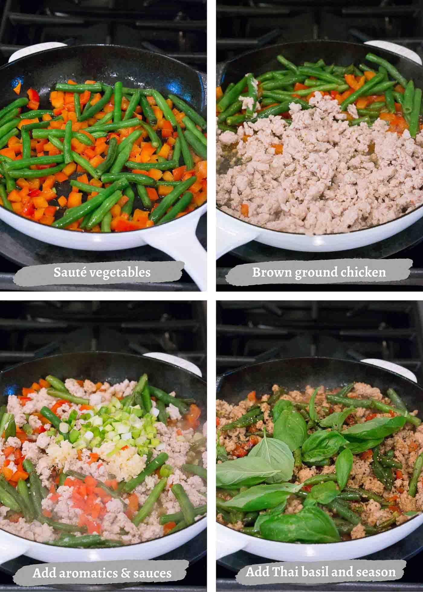 process images of making stir fry chicken with Thai basil