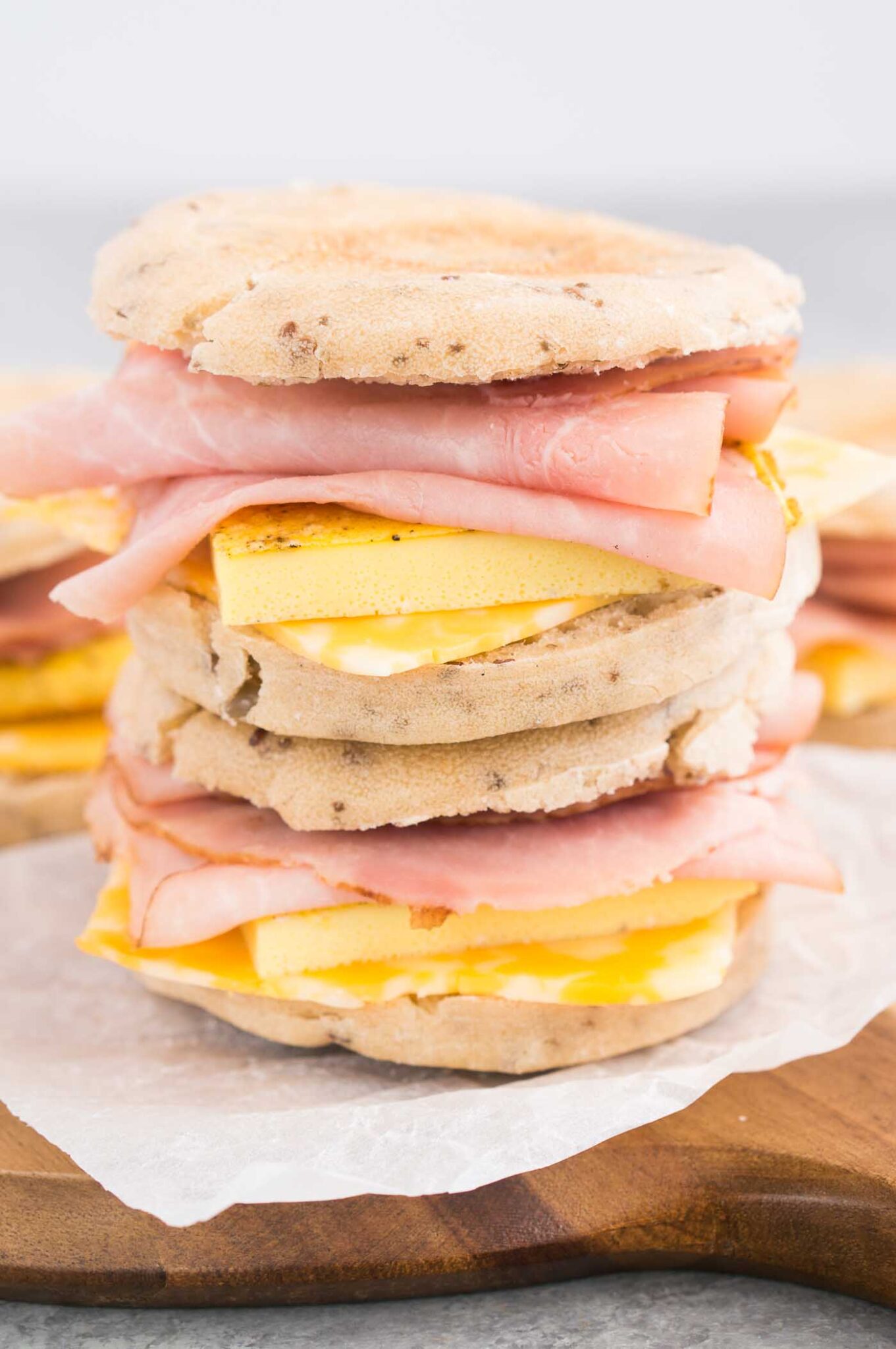 stacked ham and egg breakfast sandwiches