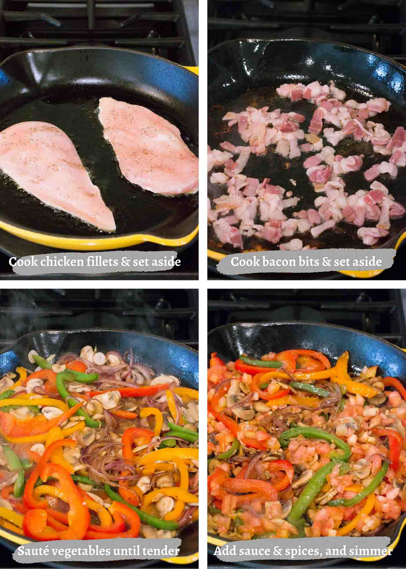 process images of making chicken cacciatore in a pan