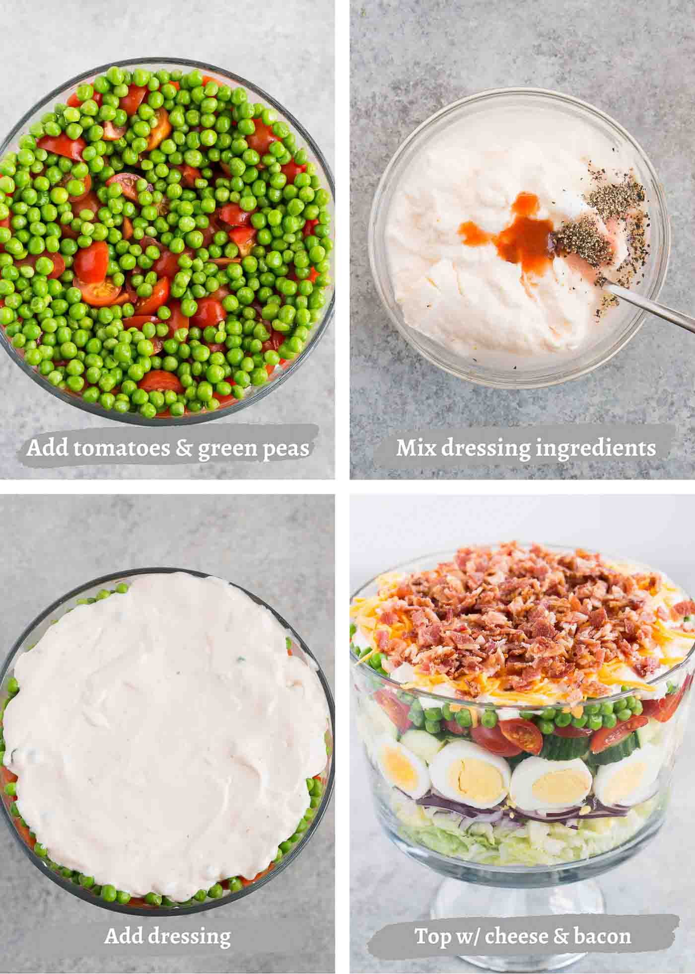 process images of making seven layer salad and dressing
