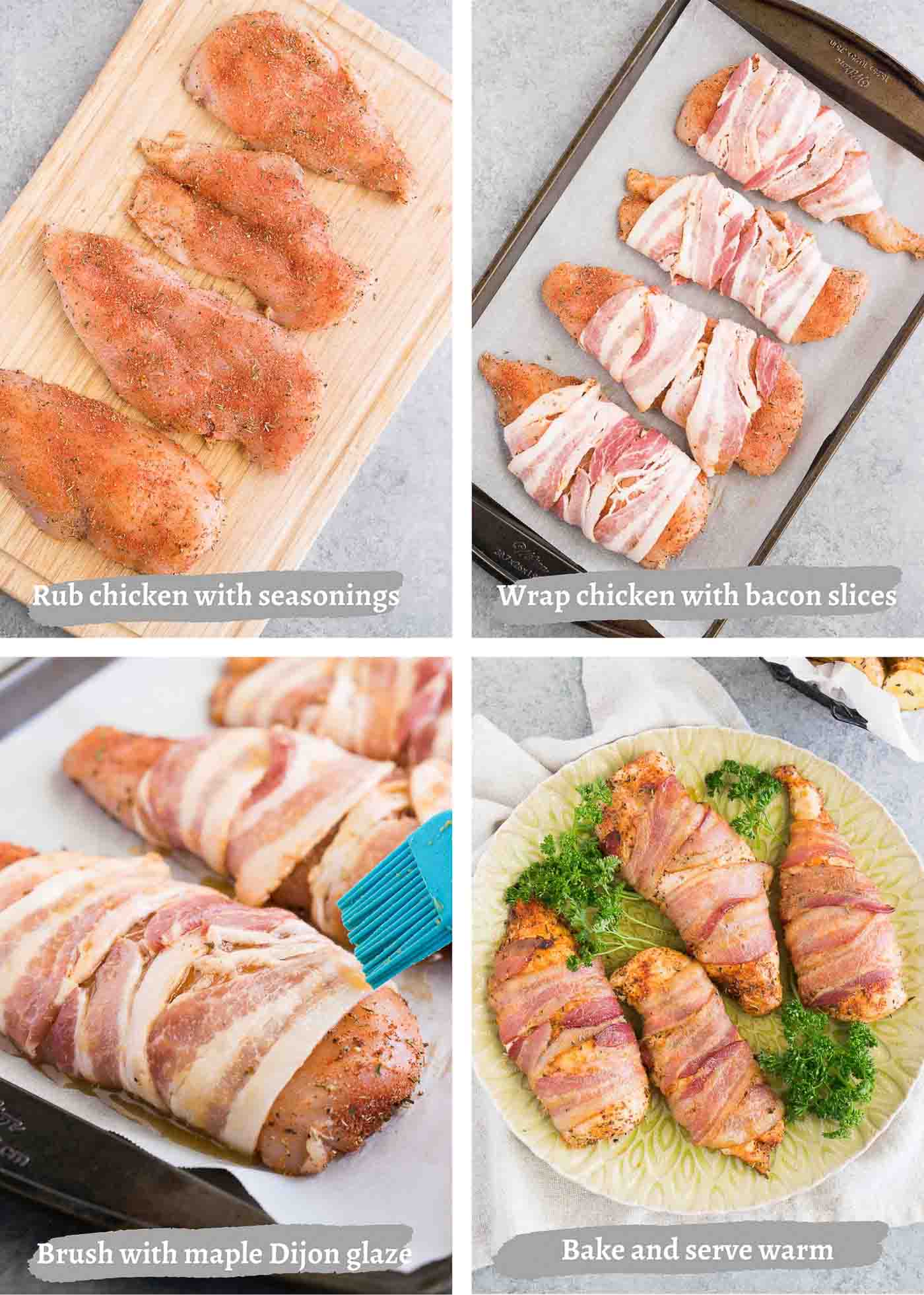 process images of making chicken wrapped in bacon