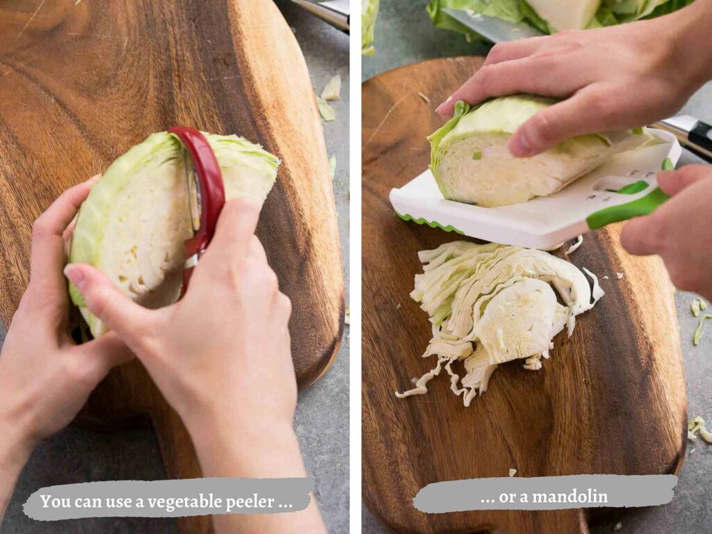cutting a head of cabbage using a vegetable peeler and a mandolin