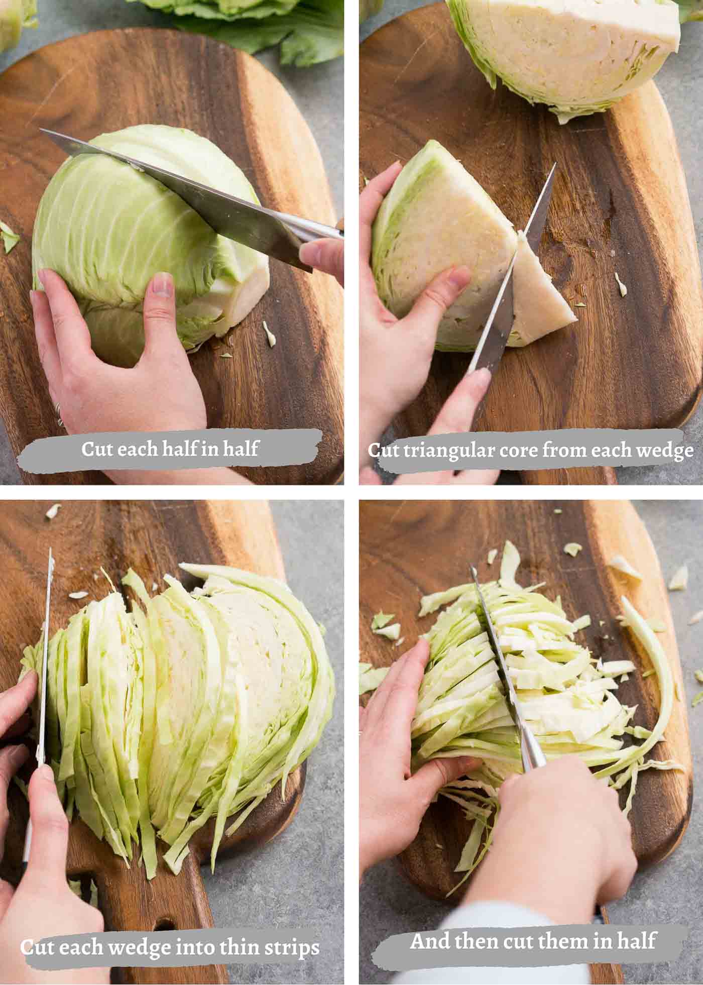 process images of cutting a cabbage on a cutting board
