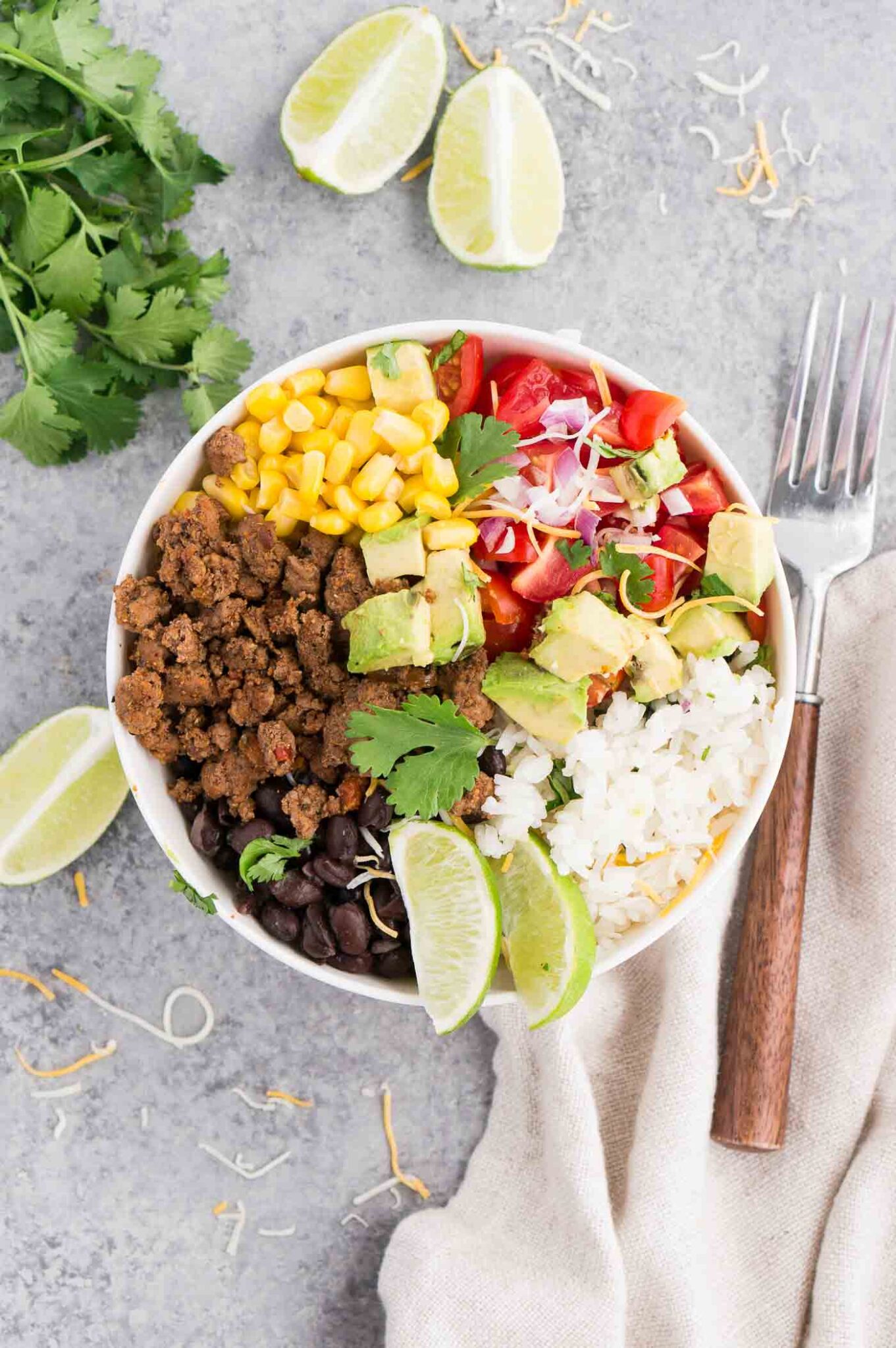 taco bowl with taco meat and vegetables