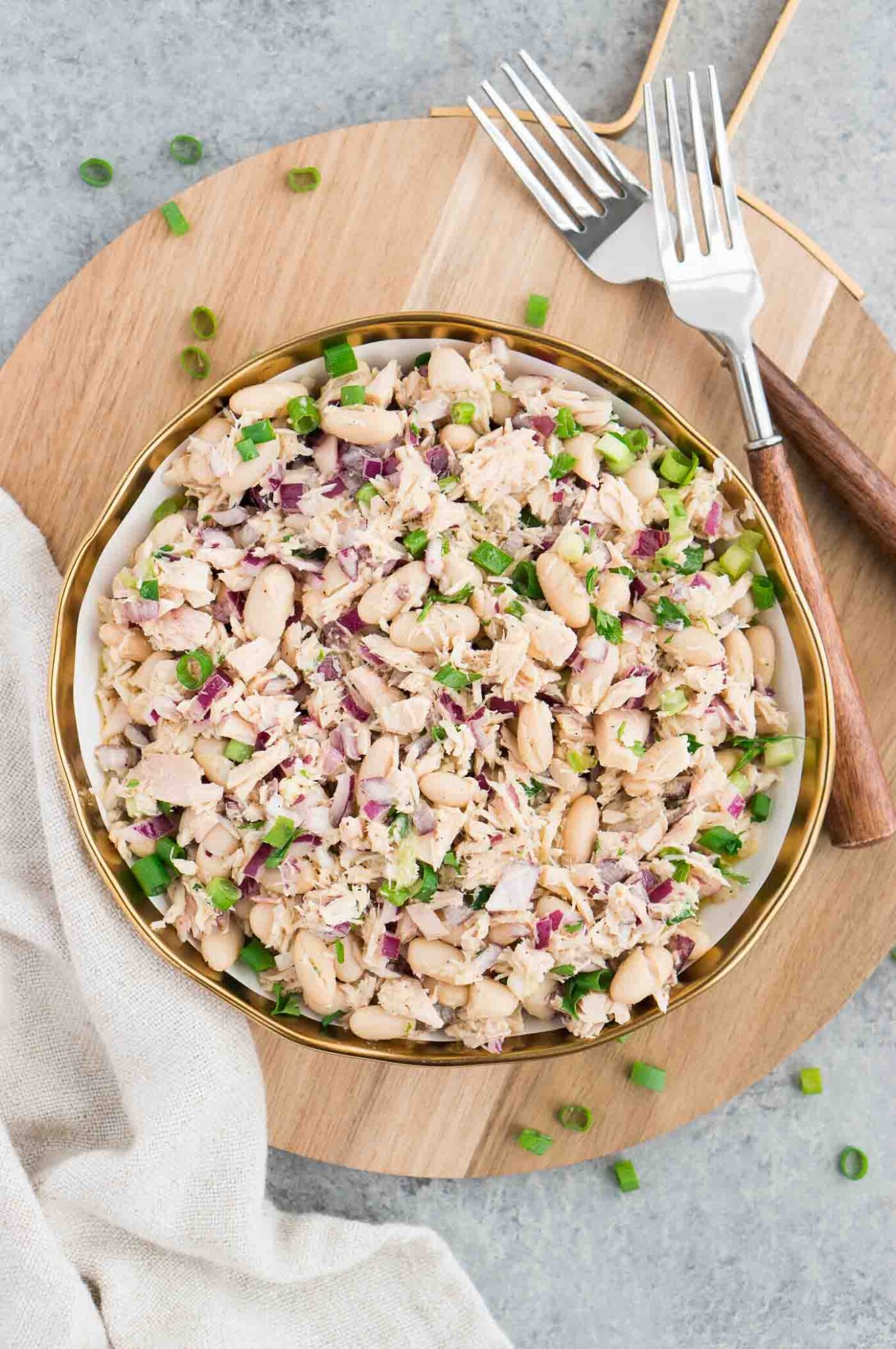 tuna white bean salad in a bowl from top