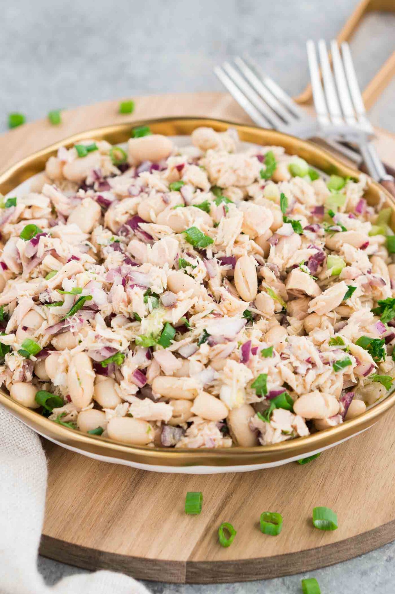 tuna white bean salad in a bowl 