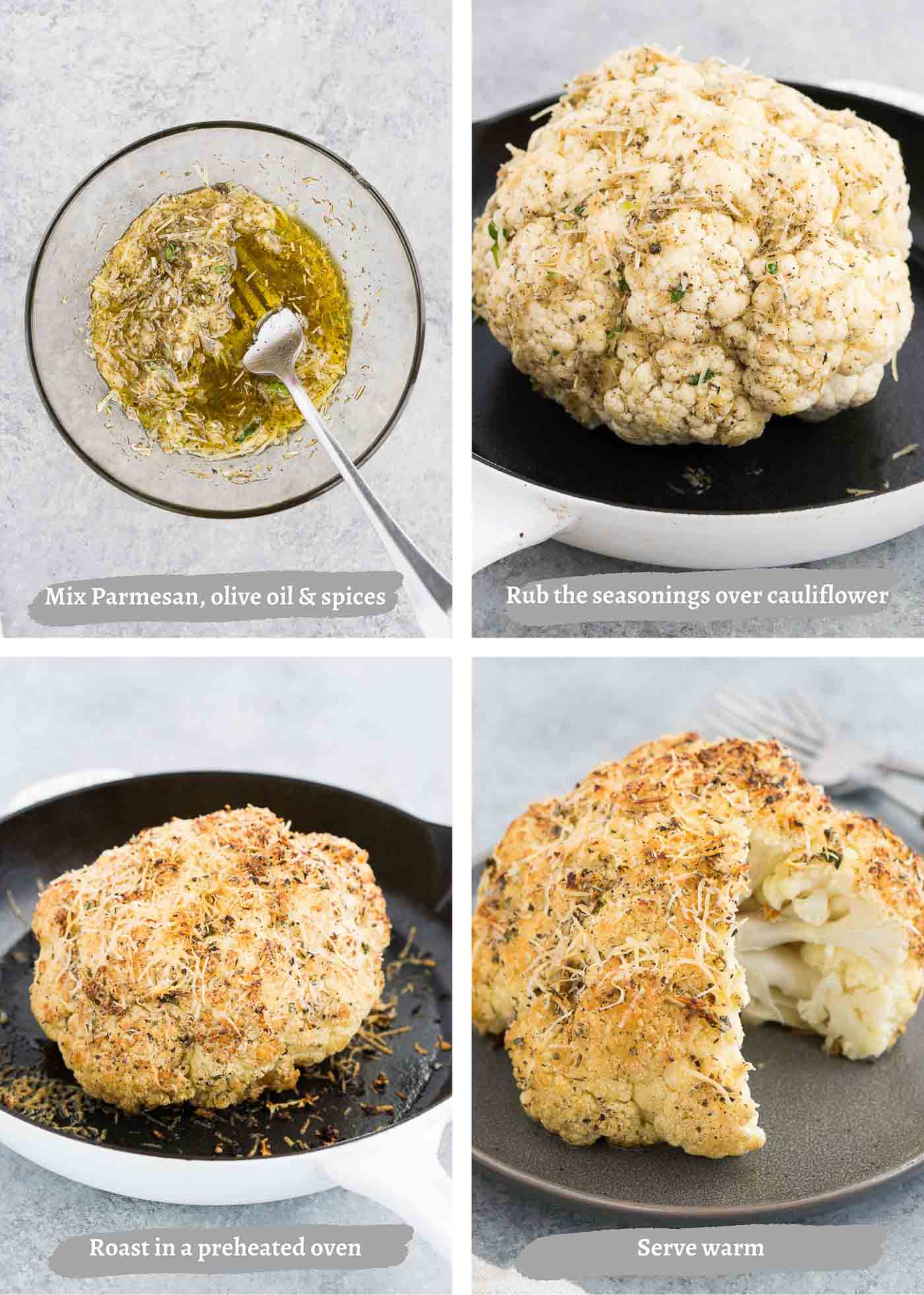 process images of roasting whole cauliflower in the oven